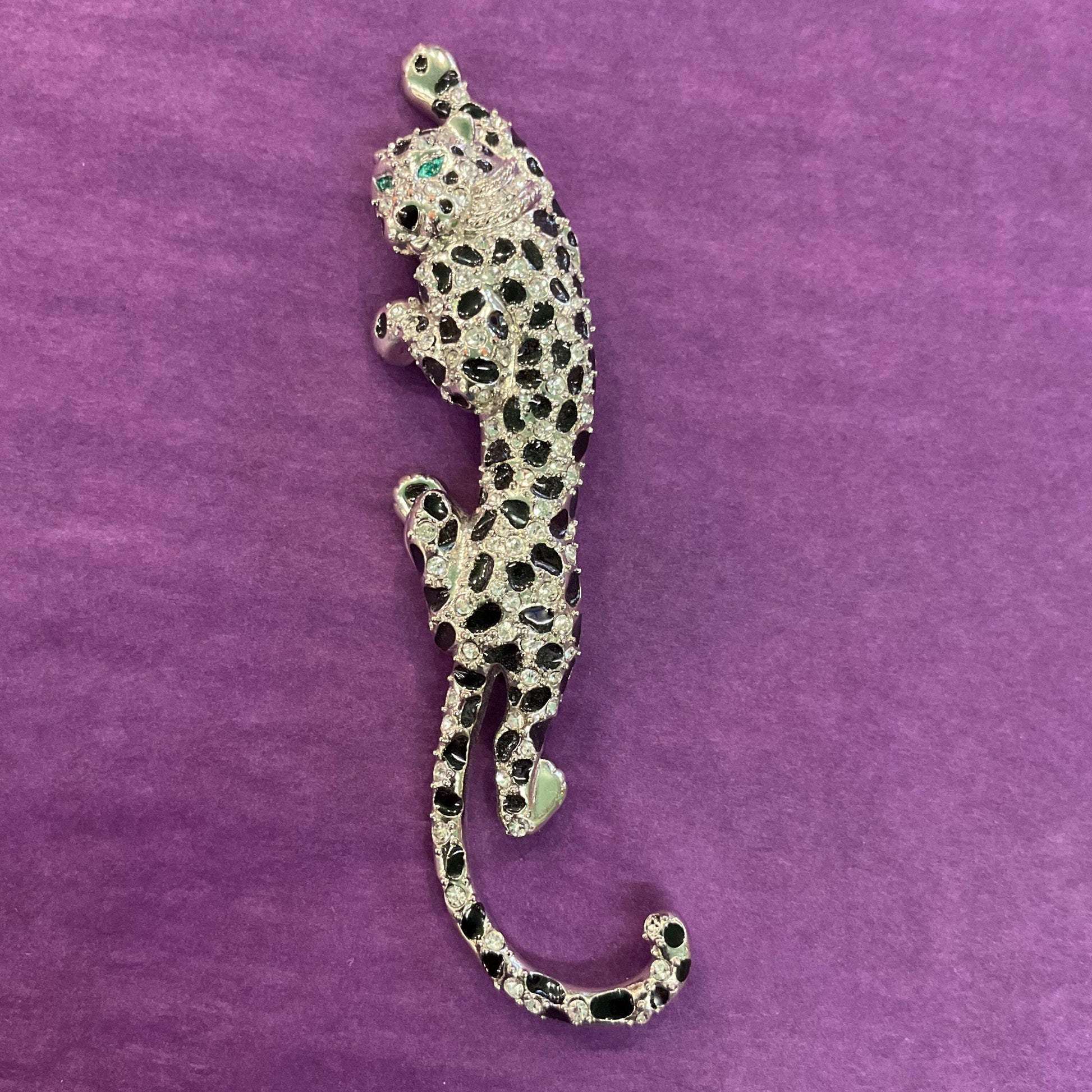 Vintage 1980s ‘Big Cat ‘ Large Leopard Brooch, Silver tone with silver rhinestones and black enamel