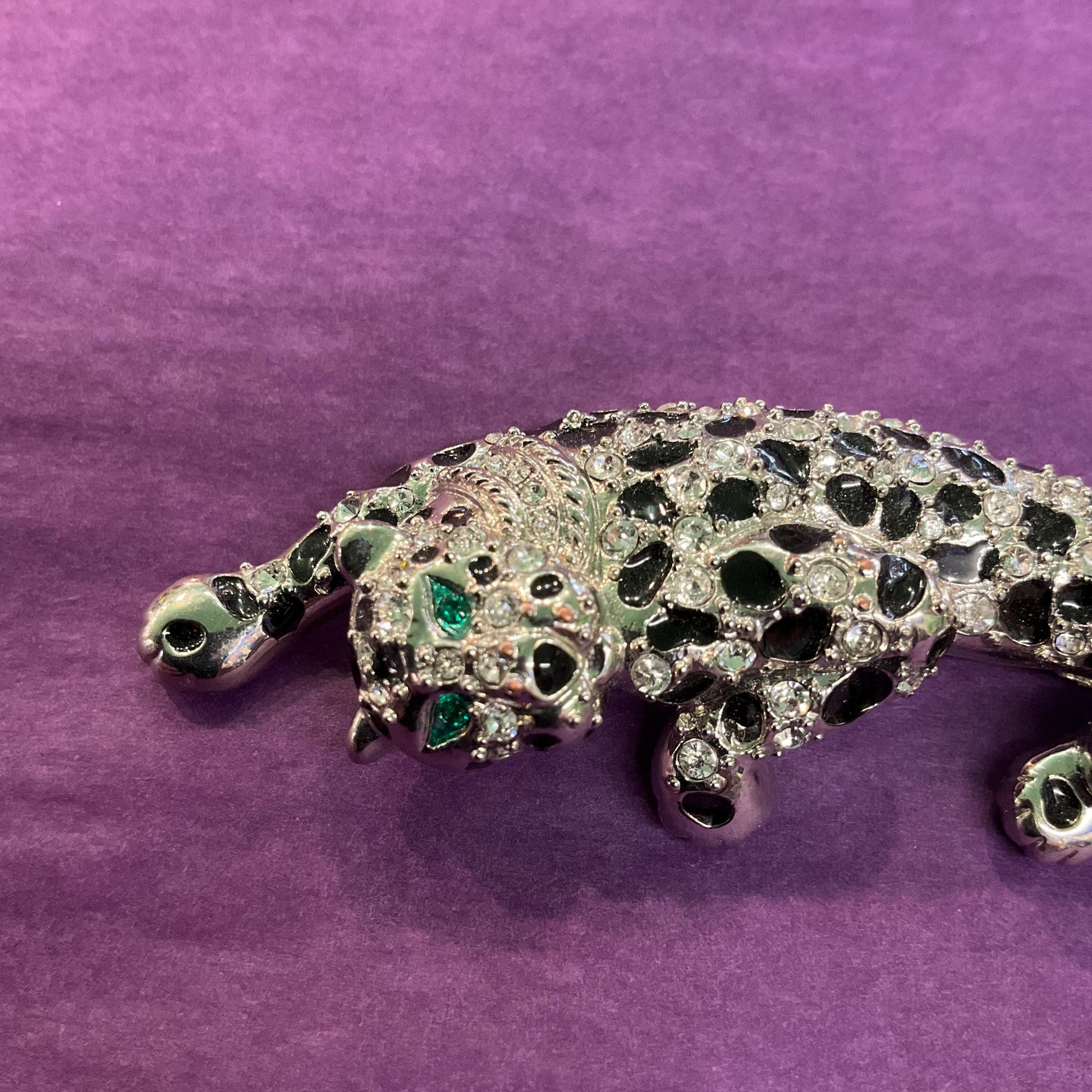 Vintage 1980s ‘Big Cat ‘ Large Leopard Brooch, Silver tone with silver rhinestones and black enamel
