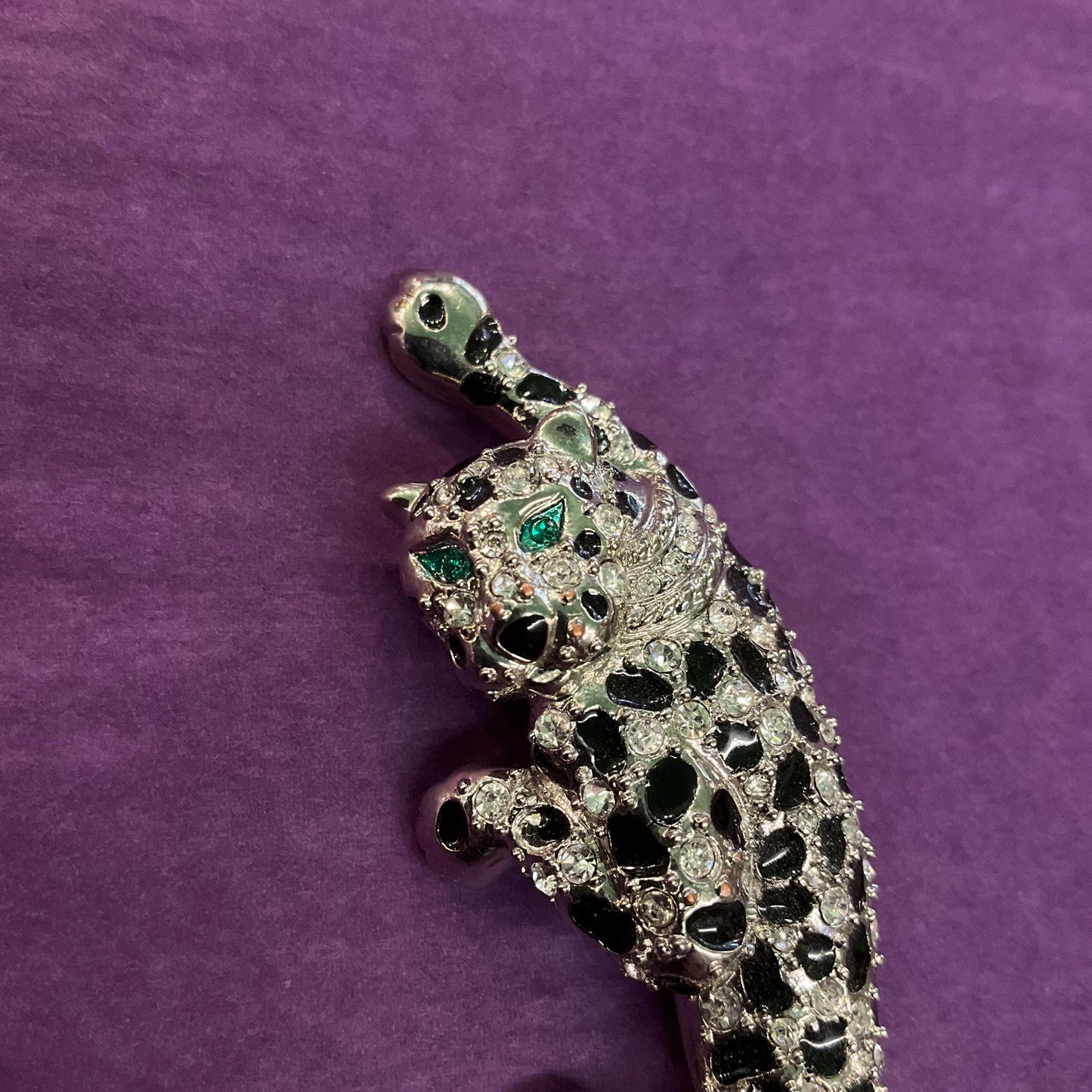 Vintage 1980s ‘Big Cat ‘ Large Leopard Brooch, Silver tone with silver rhinestones and black enamel