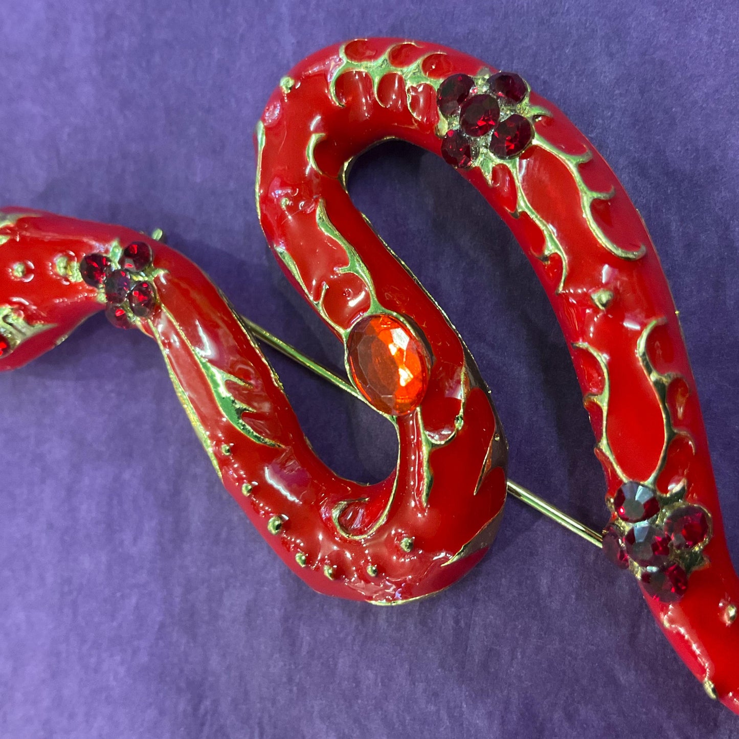 Vintage 1980s Statement Snake Brooch, Gold tone with glossy red enamel and crystals
