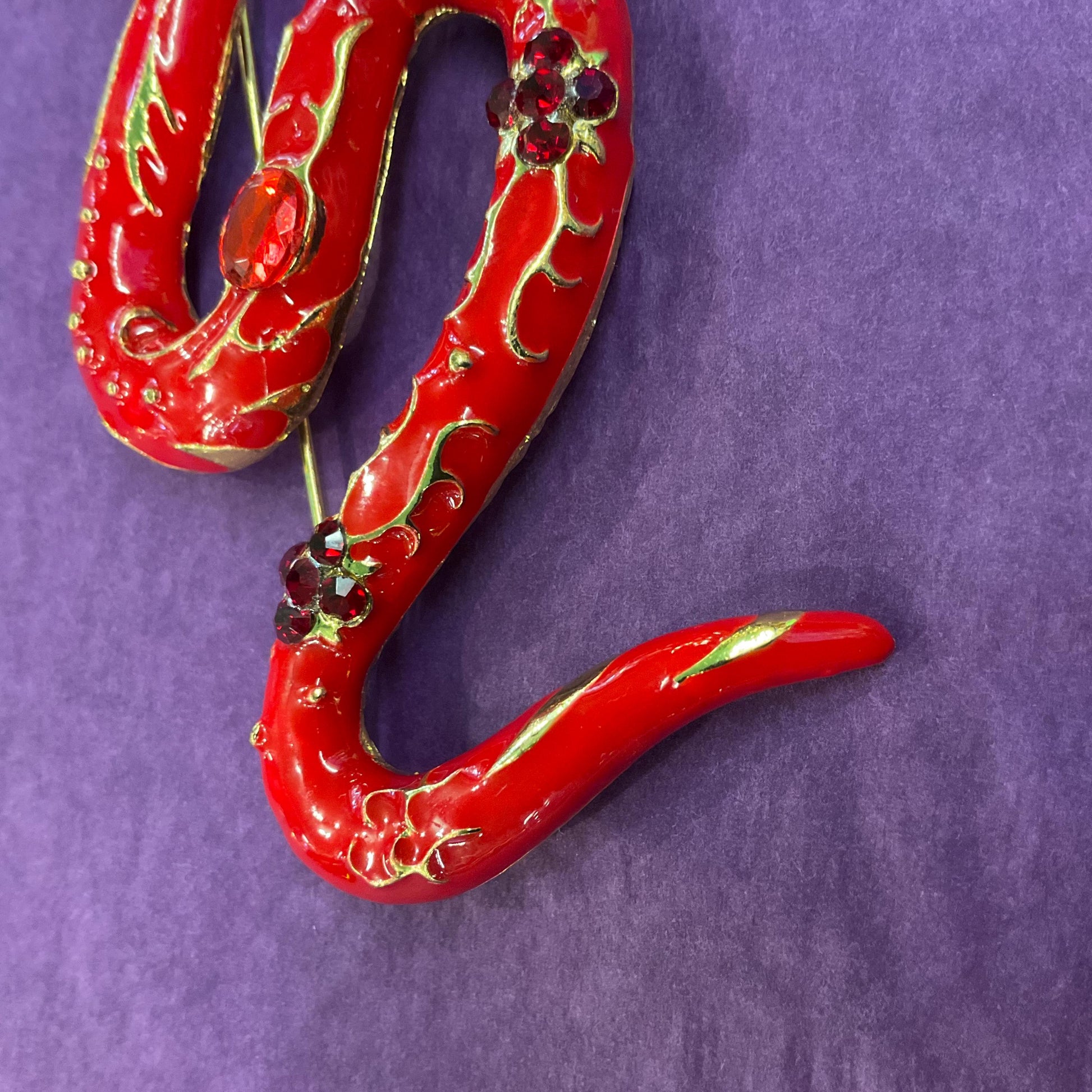 Vintage 1980s Statement Snake Brooch, Gold tone with glossy red enamel and crystals