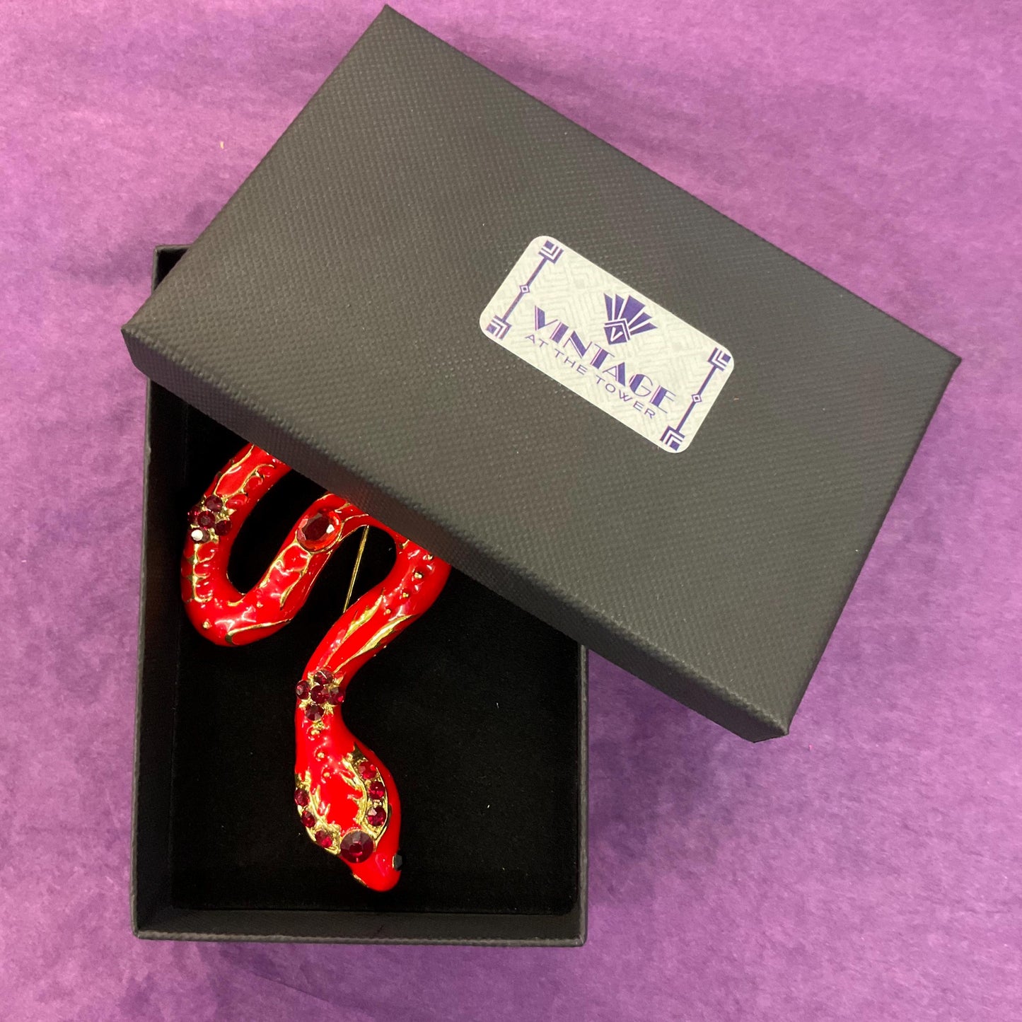 Vintage 1980s Statement Snake Brooch, Gold tone with glossy red enamel and crystals
