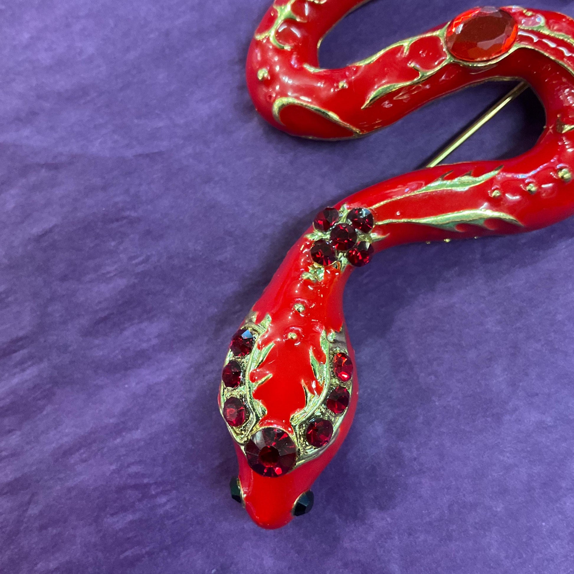 Vintage 1980s Statement Snake Brooch, Gold tone with glossy red enamel and crystals