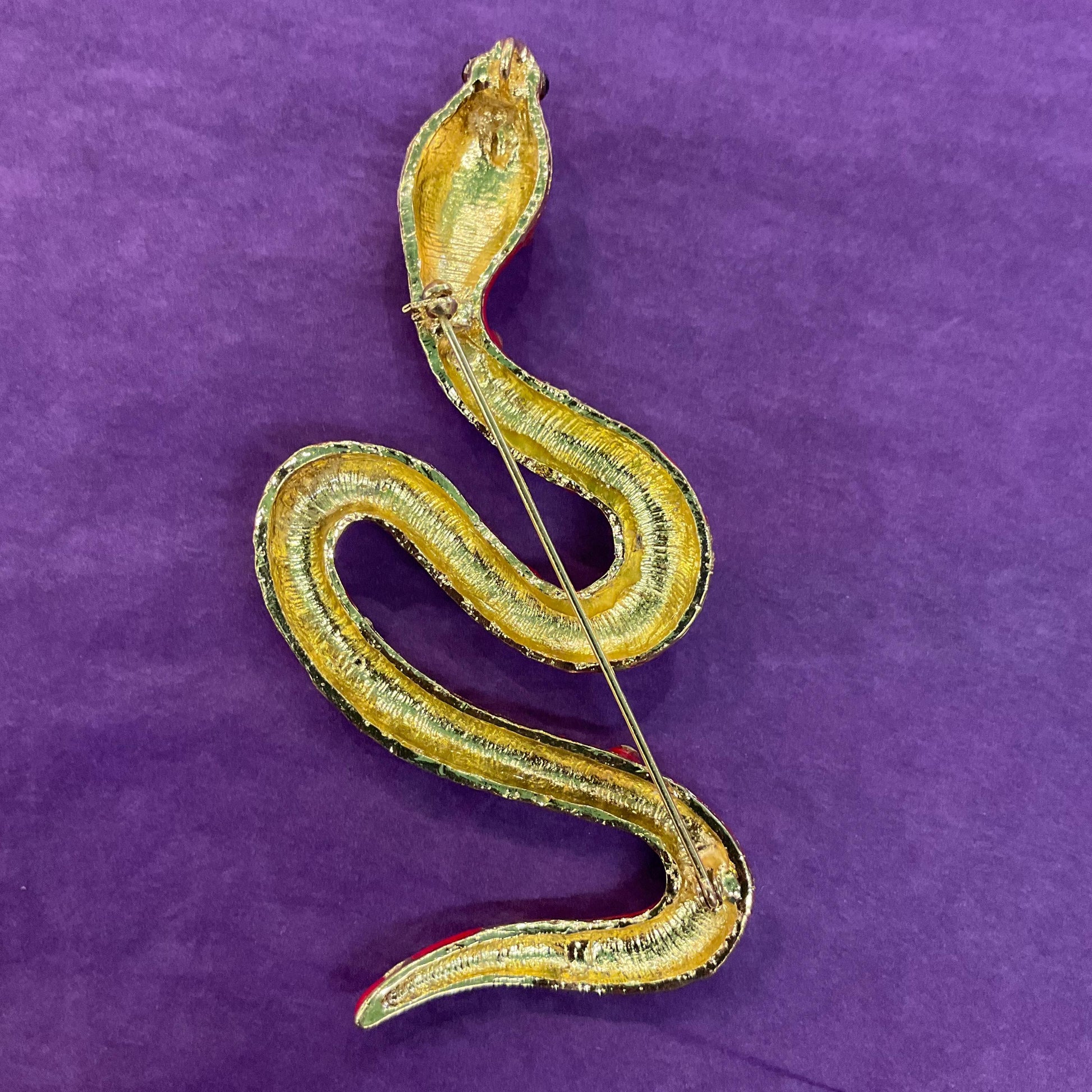 Vintage 1980s Statement Snake Brooch, Gold tone with glossy red enamel and crystals