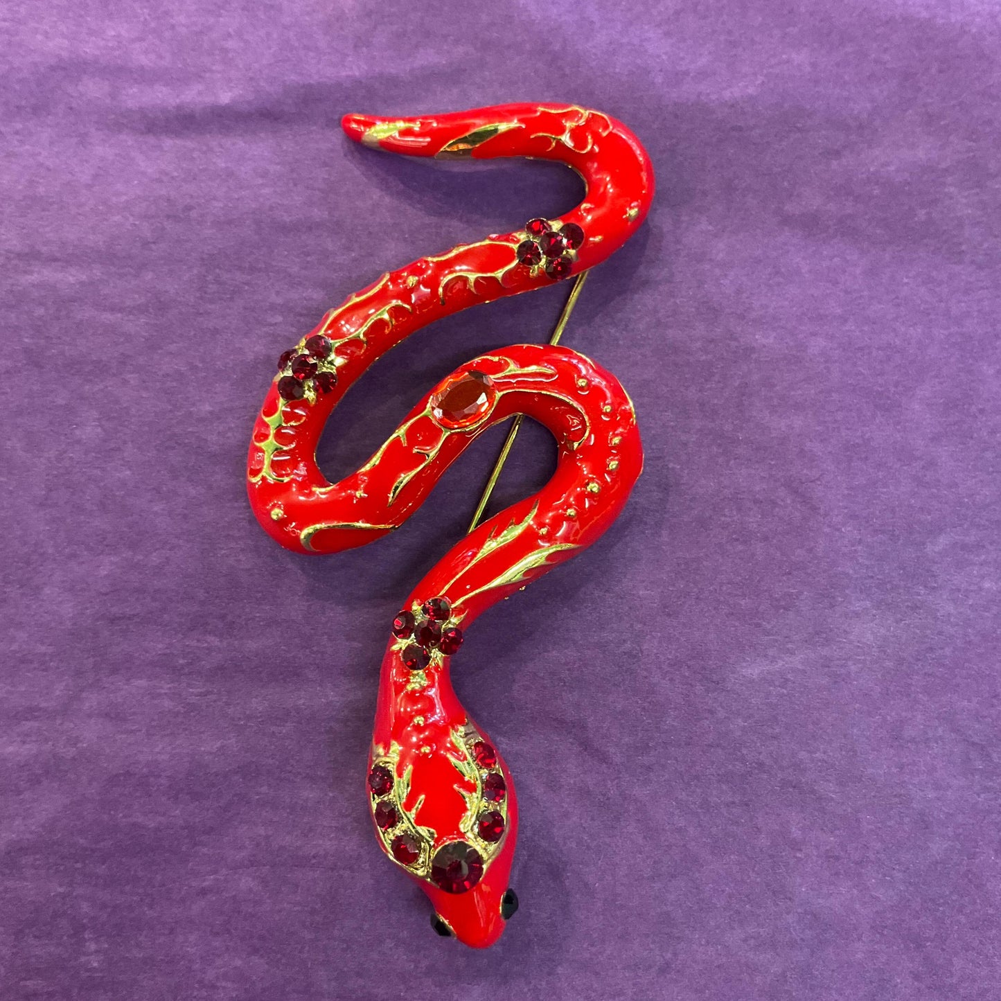Vintage 1980s Statement Snake Brooch, Gold tone with glossy red enamel and crystals