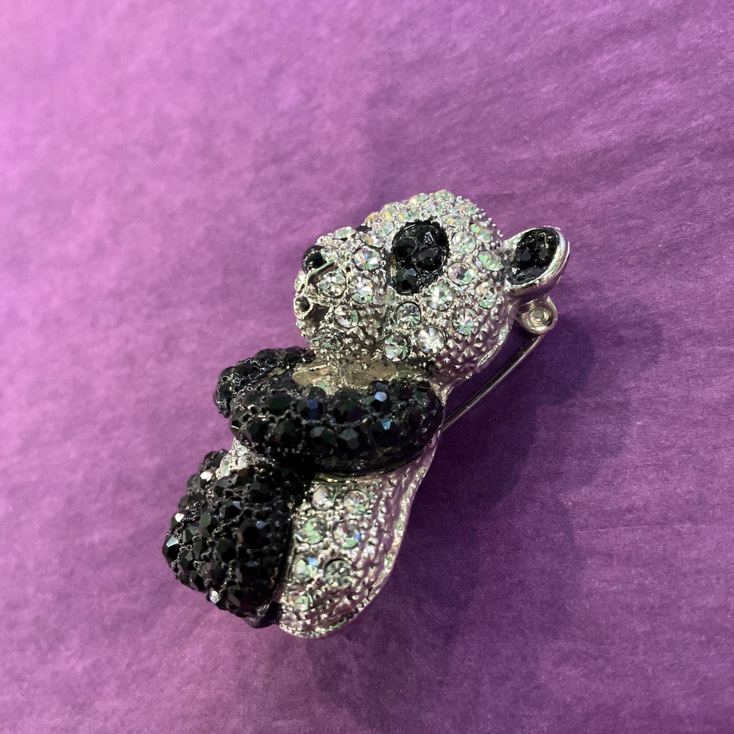 Vintage Black and Silver Crystal Panda Brooch, silver tone with rhinestones and enamel