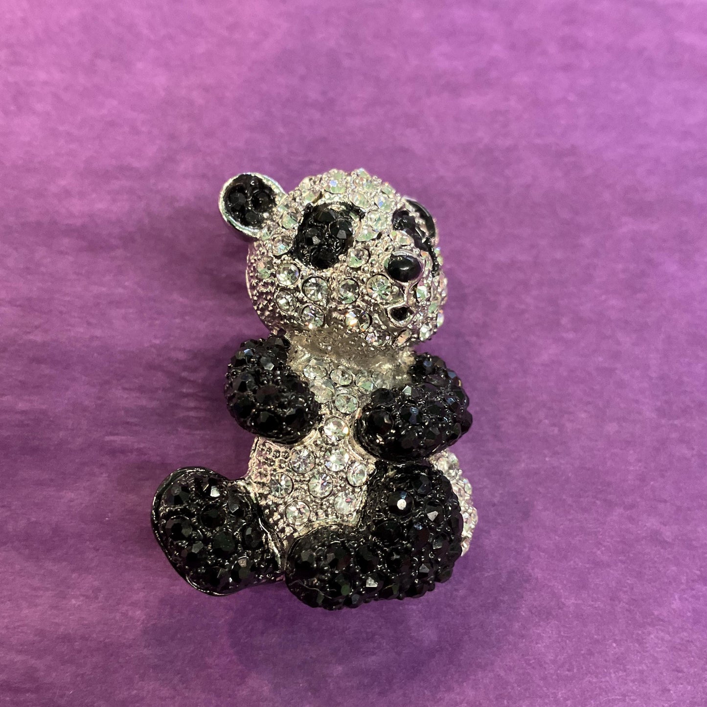 Vintage Black and Silver Crystal Panda Brooch, silver tone with rhinestones and enamel