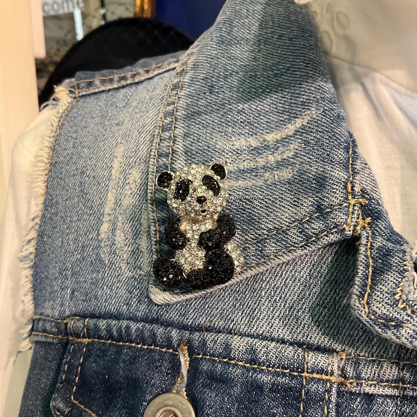 Vintage Black and Silver Crystal Panda Brooch, silver tone with rhinestones and enamel
