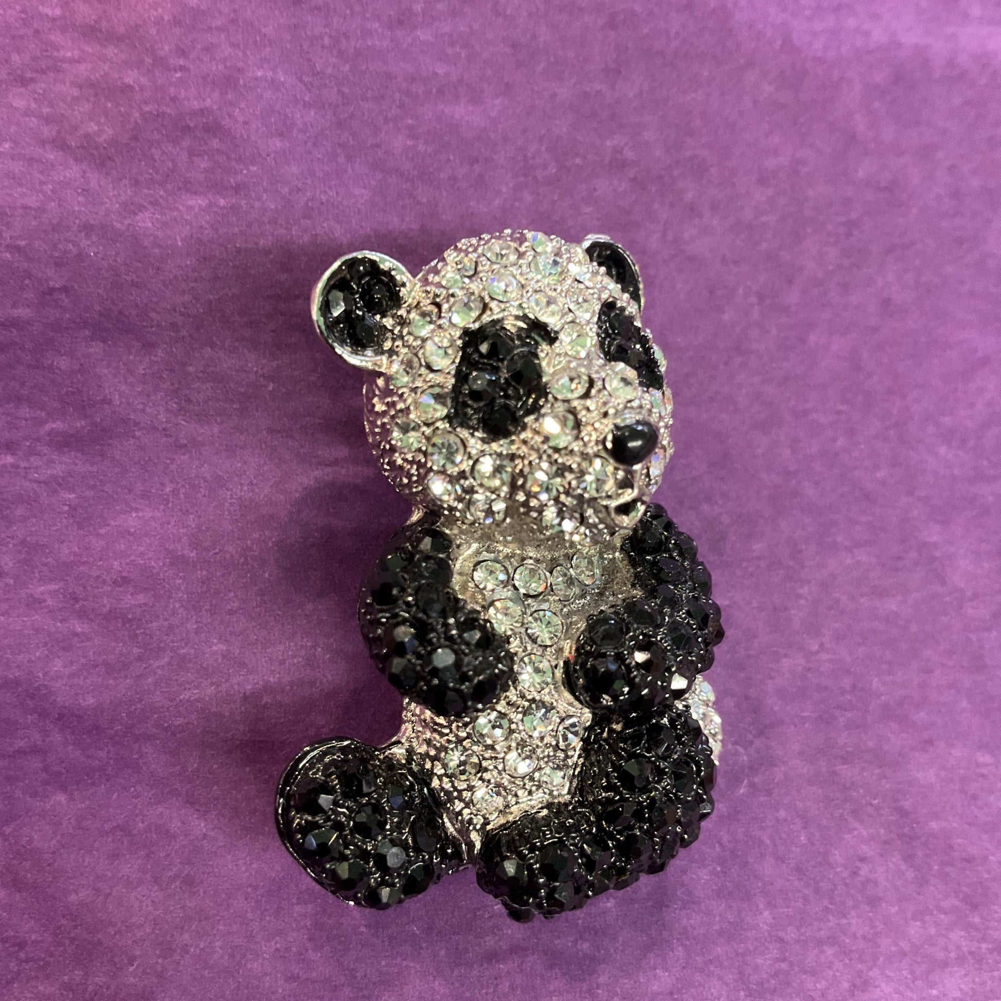 Vintage Black and Silver Crystal Panda Brooch, silver tone with rhinestones and enamel