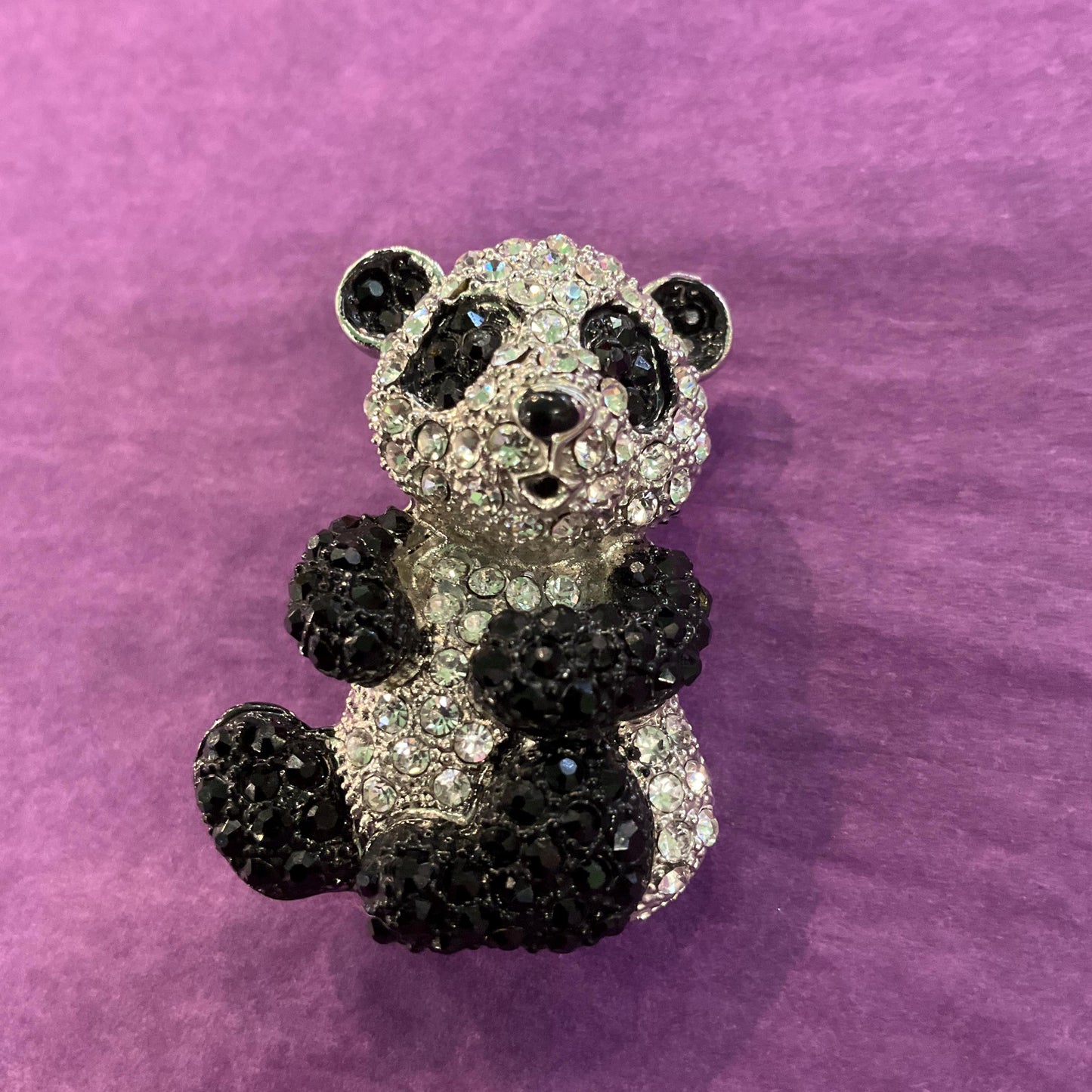 Vintage Black and Silver Crystal Panda Brooch, silver tone with rhinestones and enamel