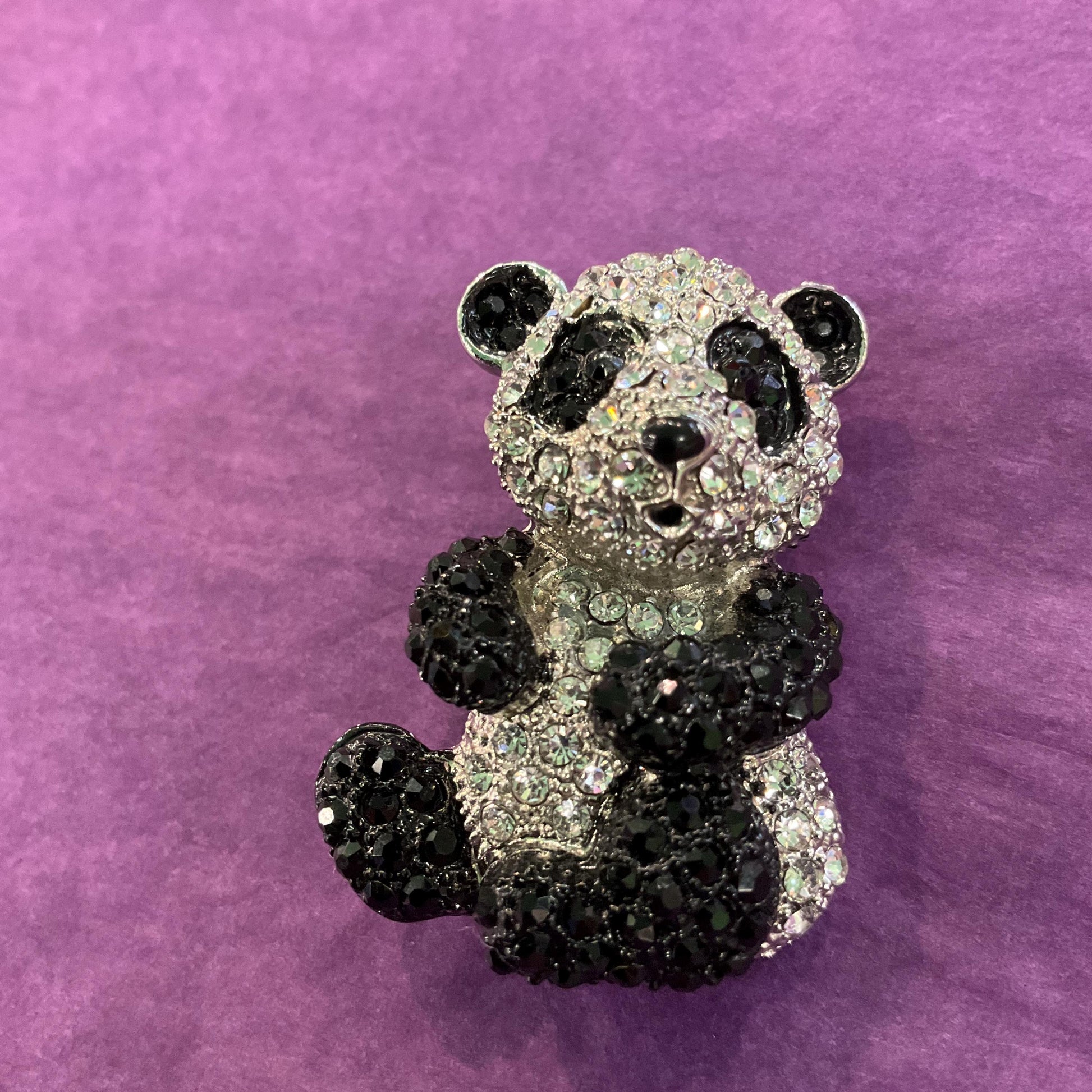 Vintage Black and Silver Crystal Panda Brooch, silver tone with rhinestones and enamel