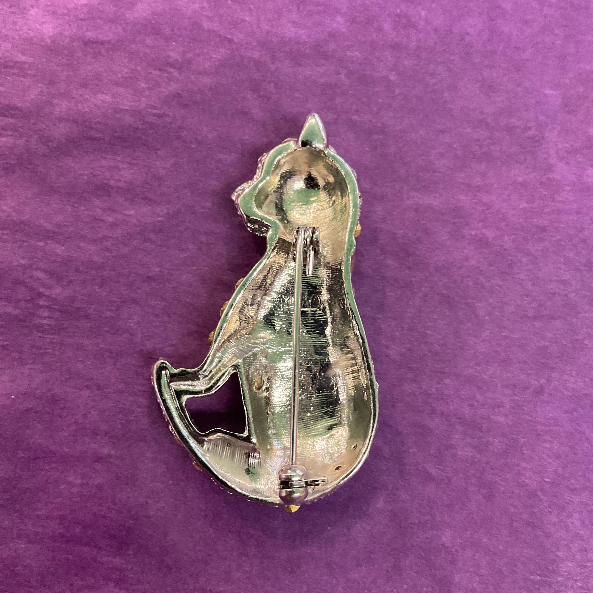 Vintage 1980s Crystal Cat Brooch, gold tone with silver and green rhinestones, gift boxed