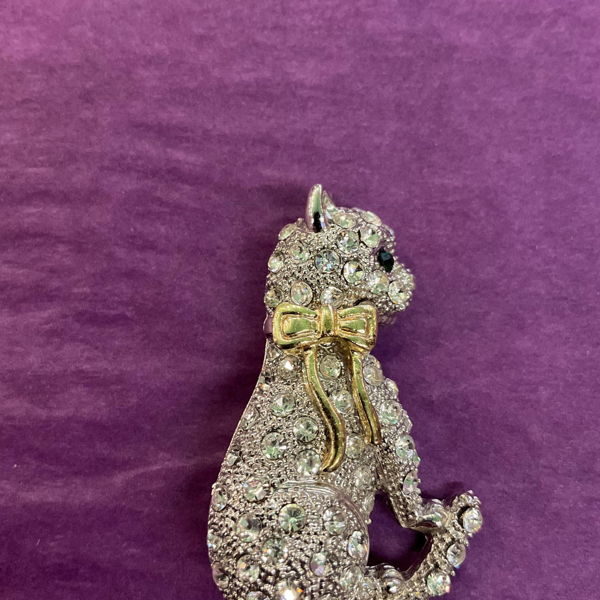 Vintage 1980s Crystal Cat Brooch, gold tone with silver and green rhinestones, gift boxed