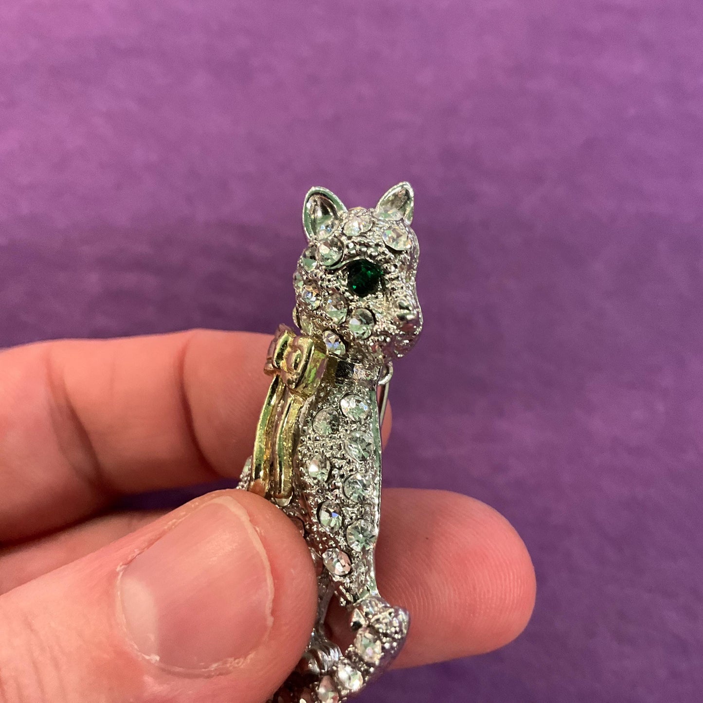 Vintage 1980s Crystal Cat Brooch, gold tone with silver and green rhinestones, gift boxed