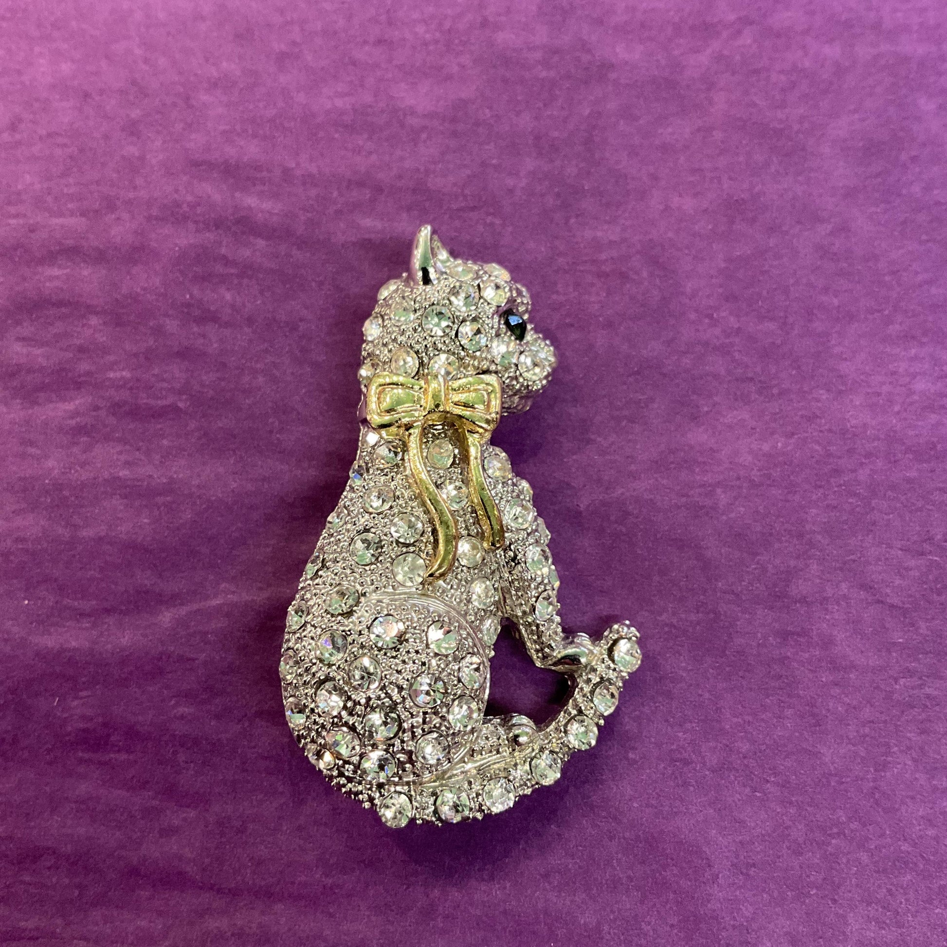 Vintage 1980s Crystal Cat Brooch, gold tone with silver and green rhinestones, gift boxed