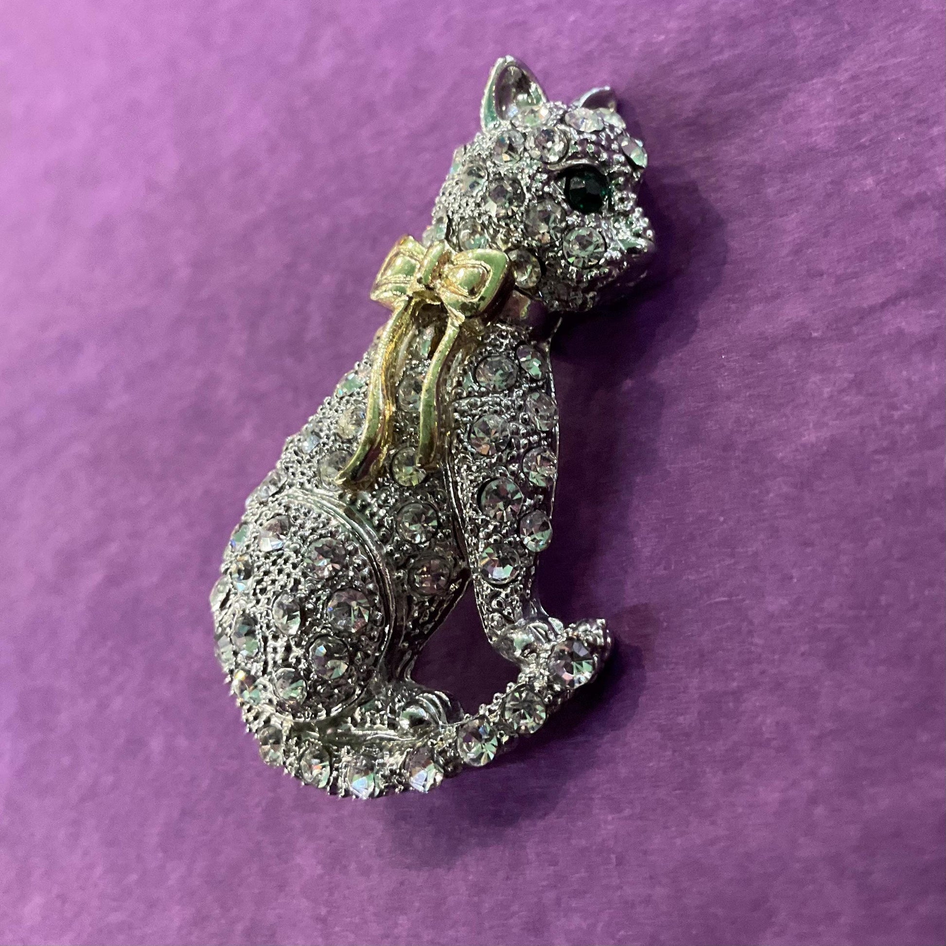 Vintage 1980s Crystal Cat Brooch, gold tone with silver and green rhinestones, gift boxed