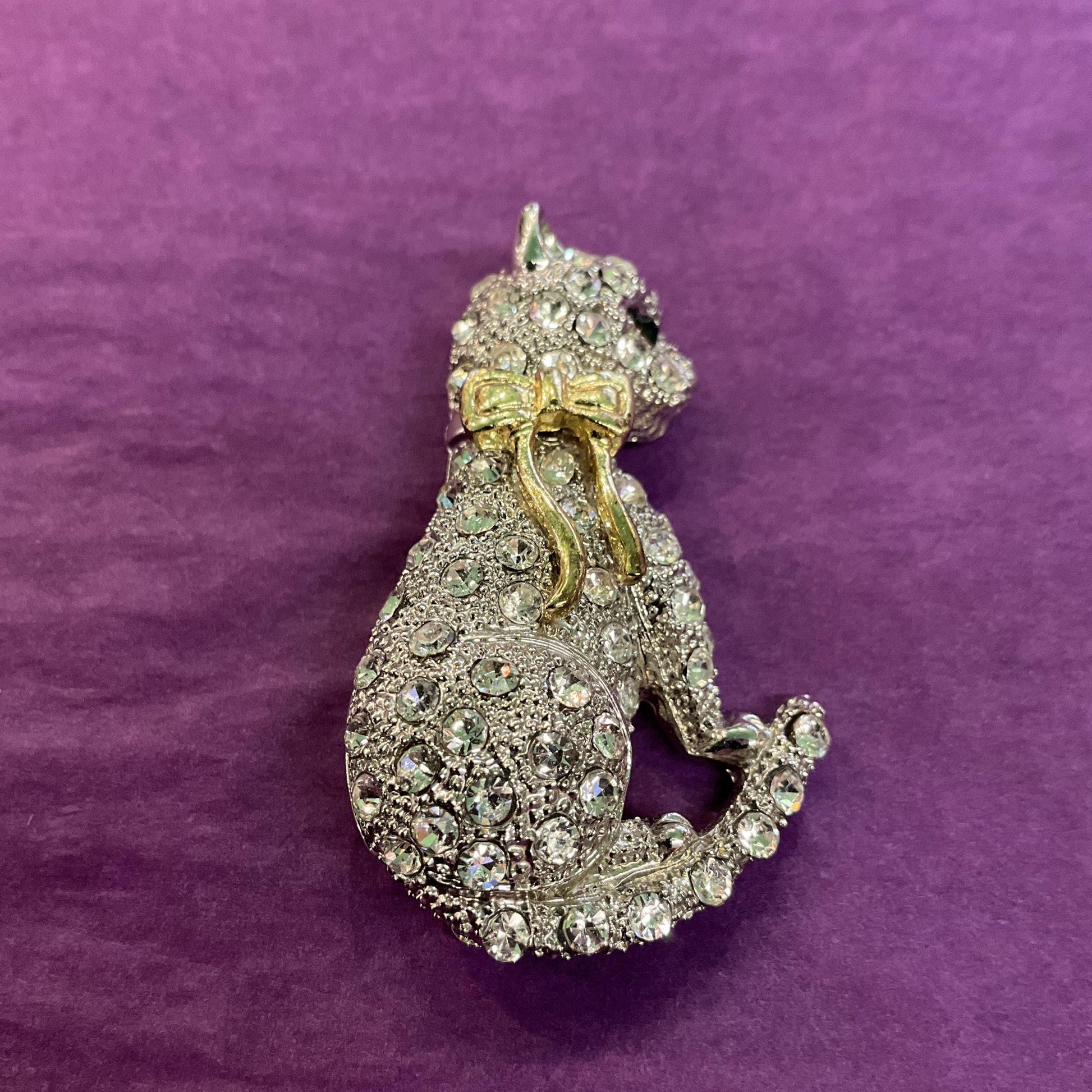 Vintage 1980s Crystal Cat Brooch, gold tone with silver and green rhinestones, gift boxed