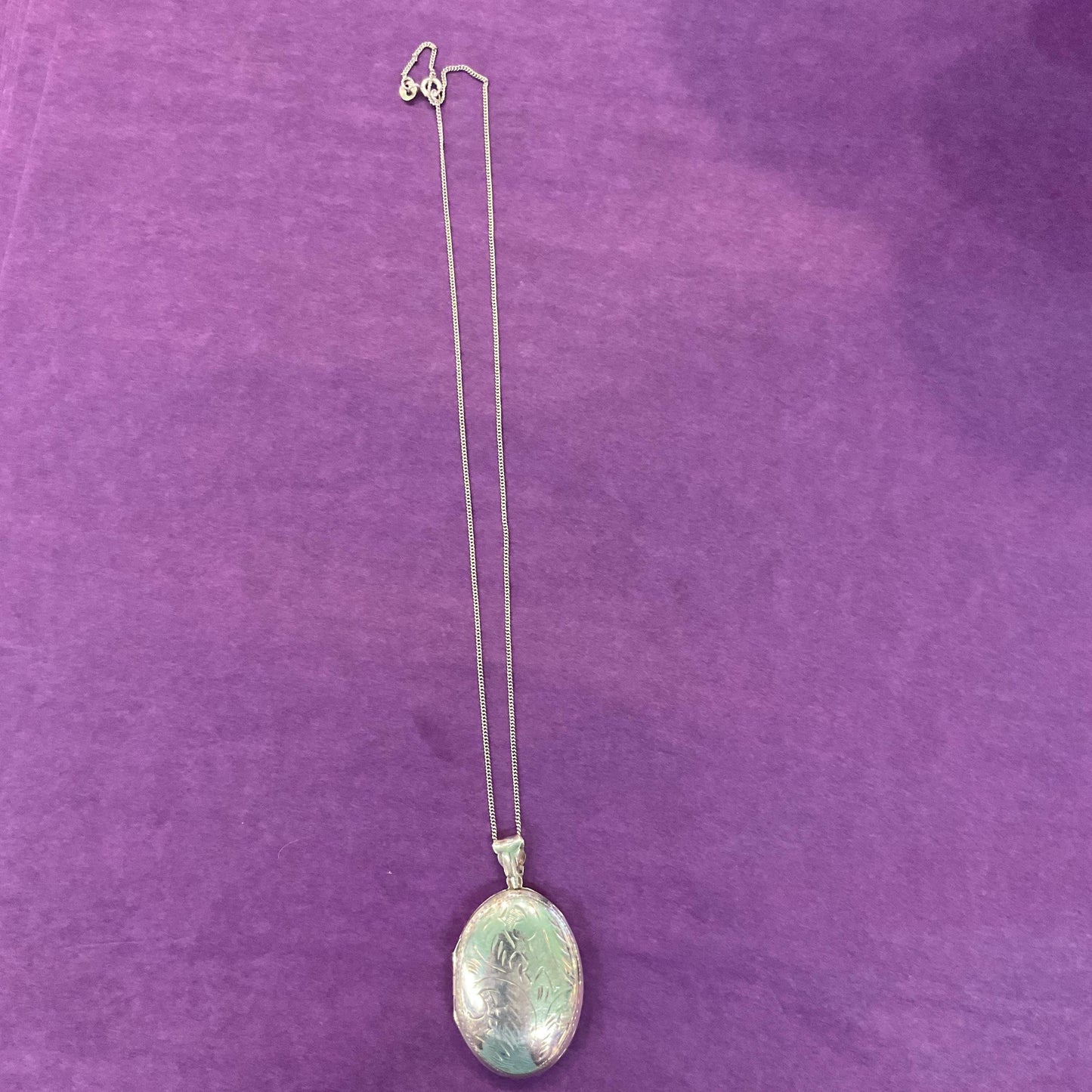 Vintage Large Silver (925) Oval Locket, Foliate Engraving with Silver Chain