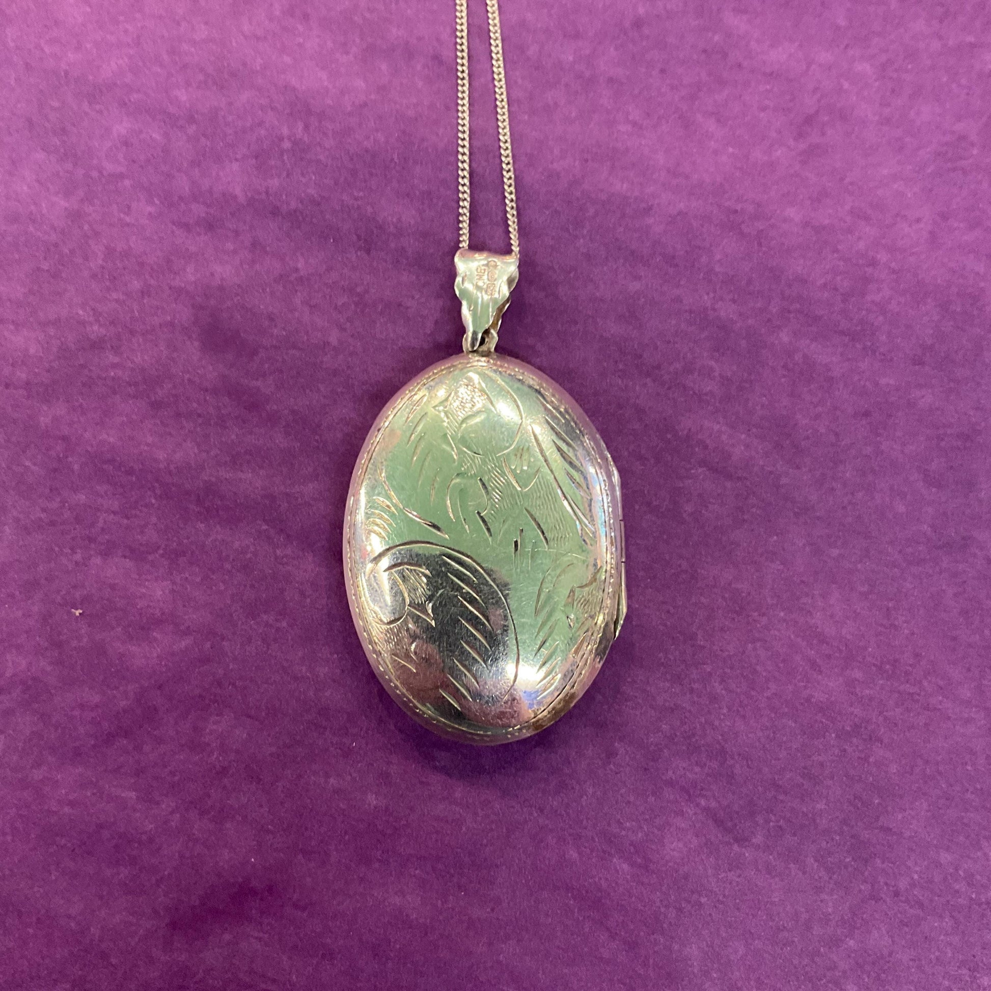 Vintage Large Silver (925) Oval Locket, Foliate Engraving with Silver Chain