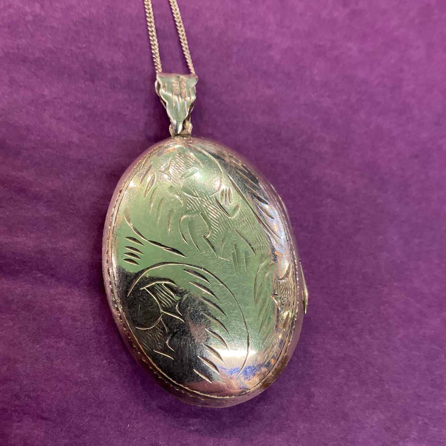 Vintage Large Silver (925) Oval Locket, Foliate Engraving with Silver Chain