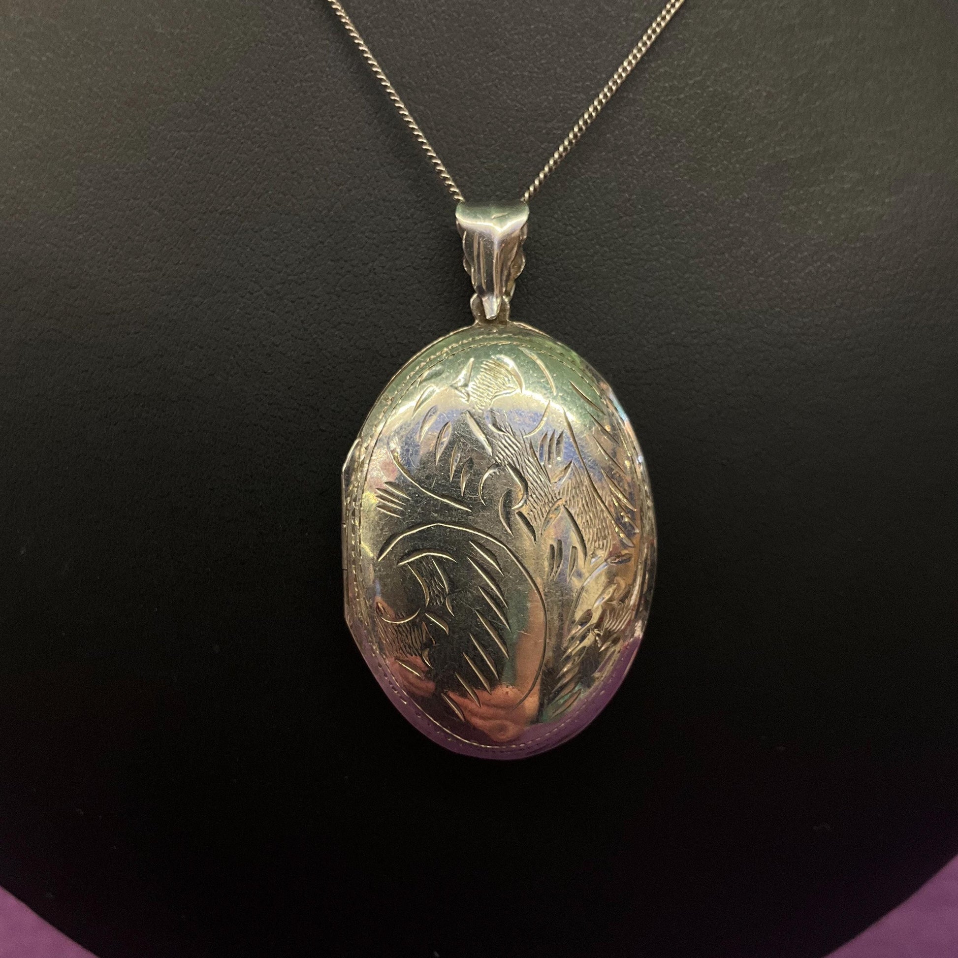 Vintage Large Silver (925) Oval Locket, Foliate Engraving with Silver Chain