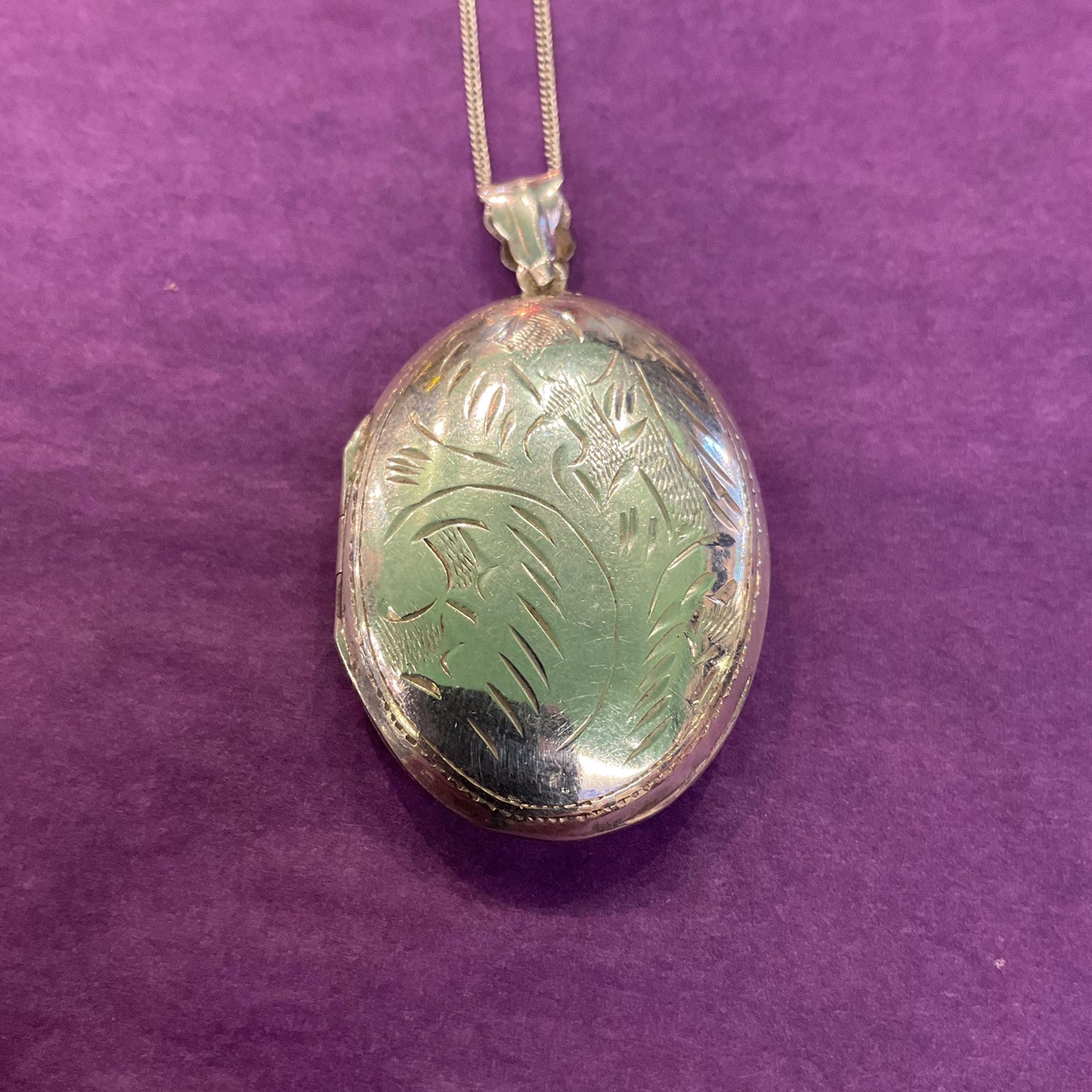 Vintage Large Silver (925) Oval Locket, Foliate Engraving with Silver Chain