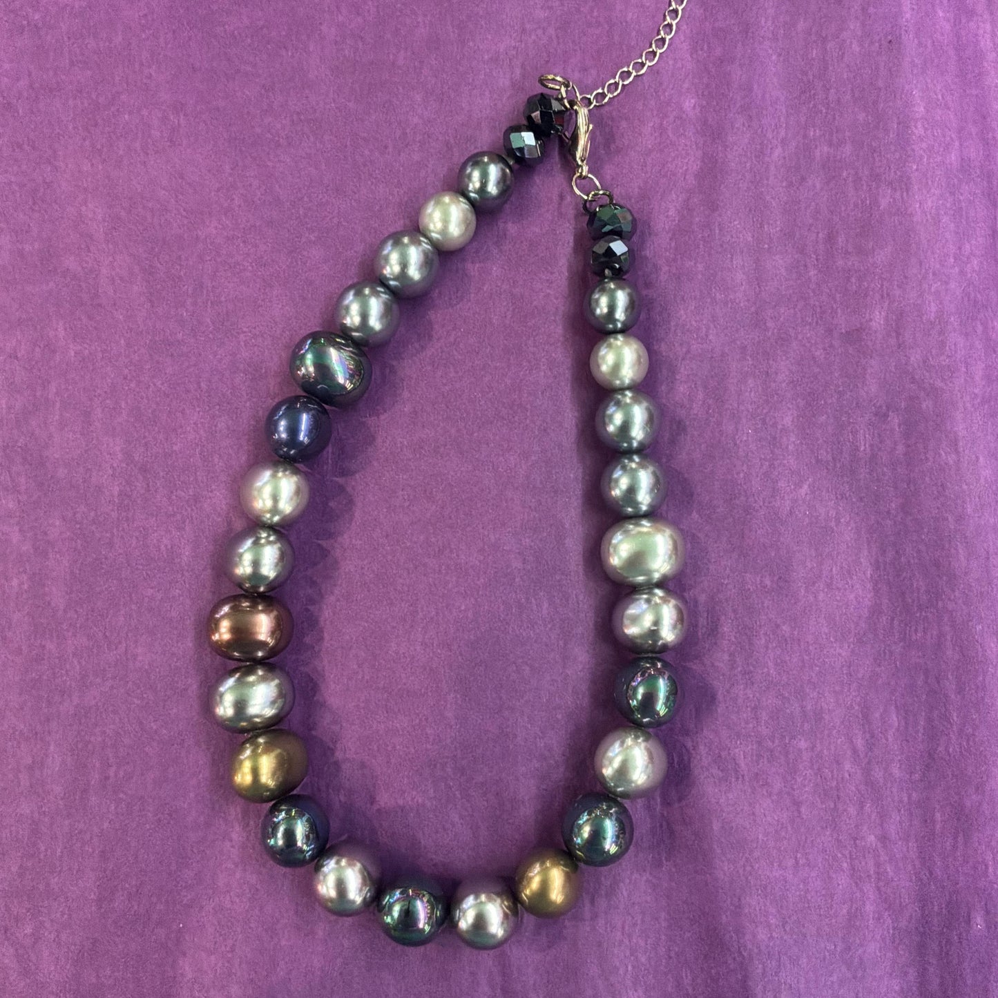 Vintage Butler and Wilson Metallic Lustre Statement Faux Pearl Necklace, Glass Faux Pearls in metallic, silver and peacock shades