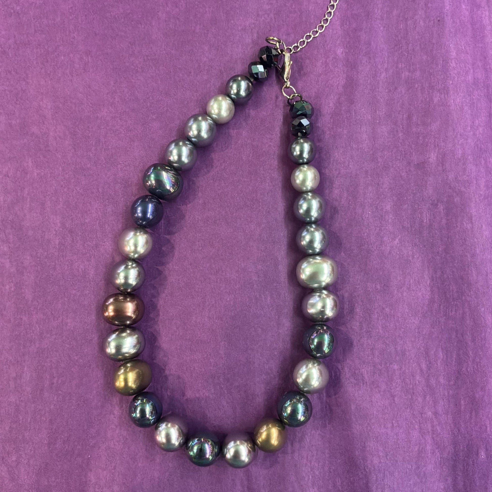Vintage Butler and Wilson Metallic Lustre Statement Faux Pearl Necklace, Glass Faux Pearls in metallic, silver and peacock shades