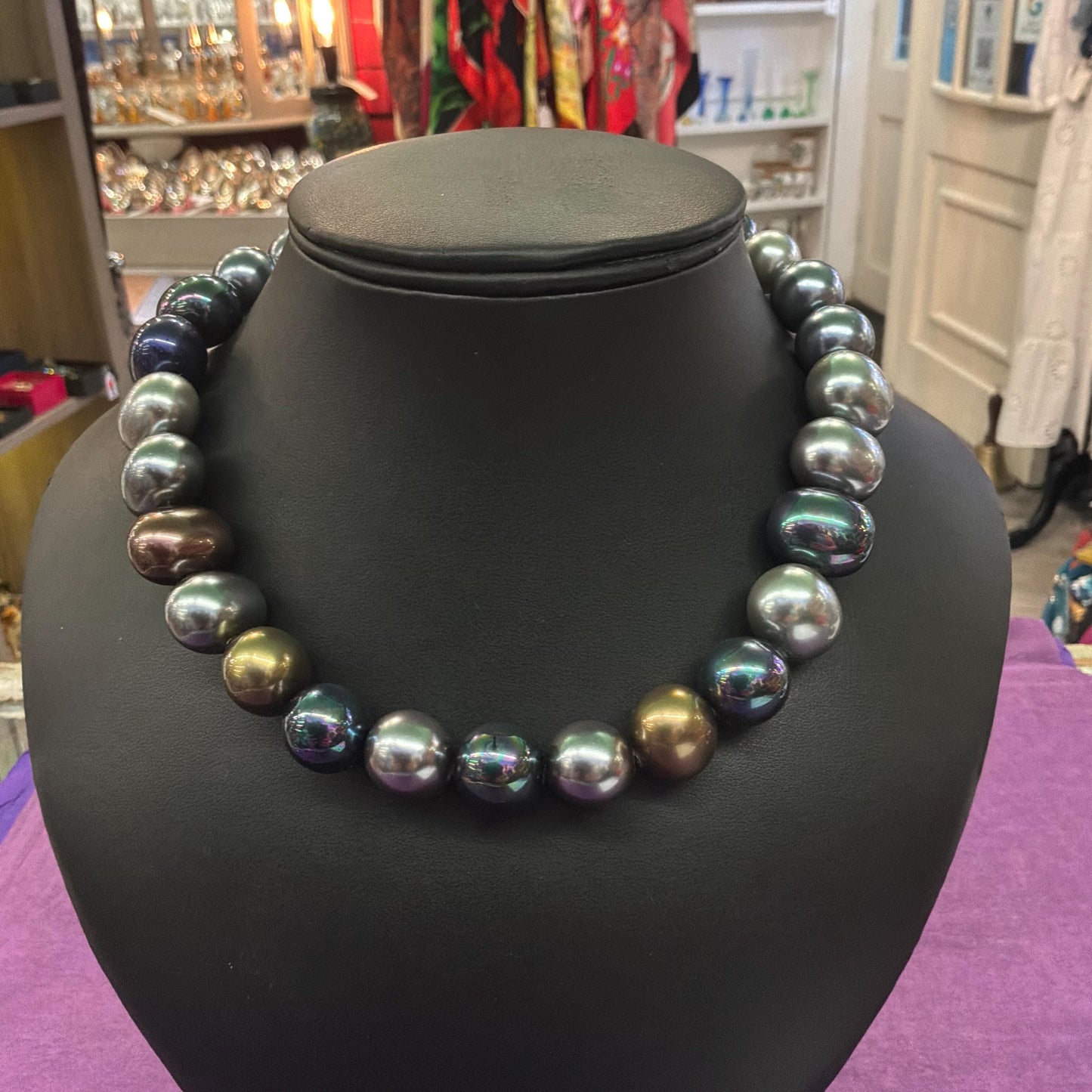 Vintage Butler and Wilson Metallic Lustre Statement Faux Pearl Necklace, Glass Faux Pearls in metallic, silver and peacock shades