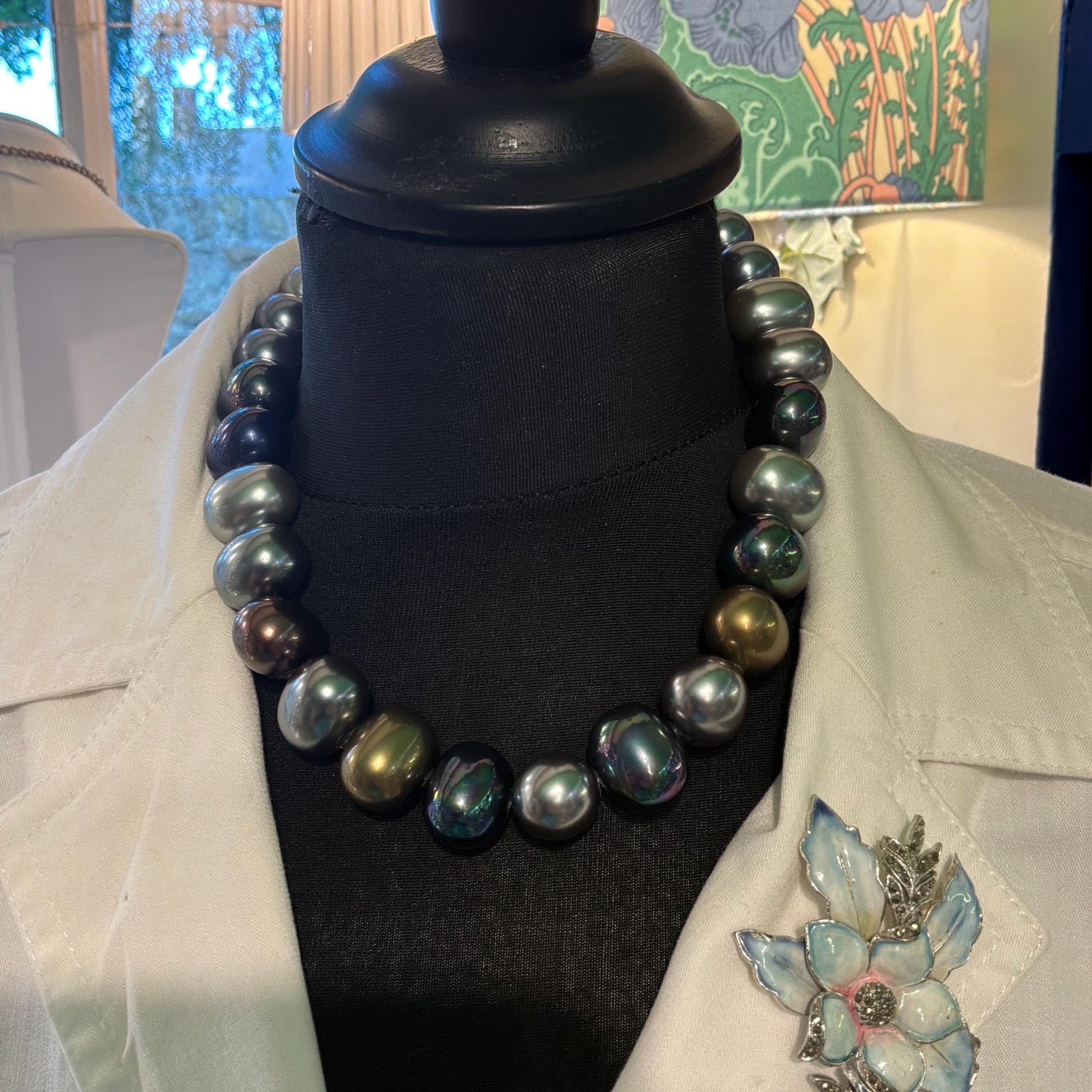 Vintage Butler and Wilson Metallic Lustre Statement Faux Pearl Necklace, Glass Faux Pearls in metallic, silver and peacock shades
