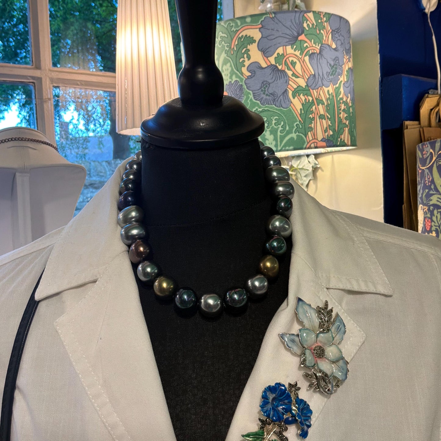 Vintage Butler and Wilson Metallic Lustre Statement Faux Pearl Necklace, Glass Faux Pearls in metallic, silver and peacock shades