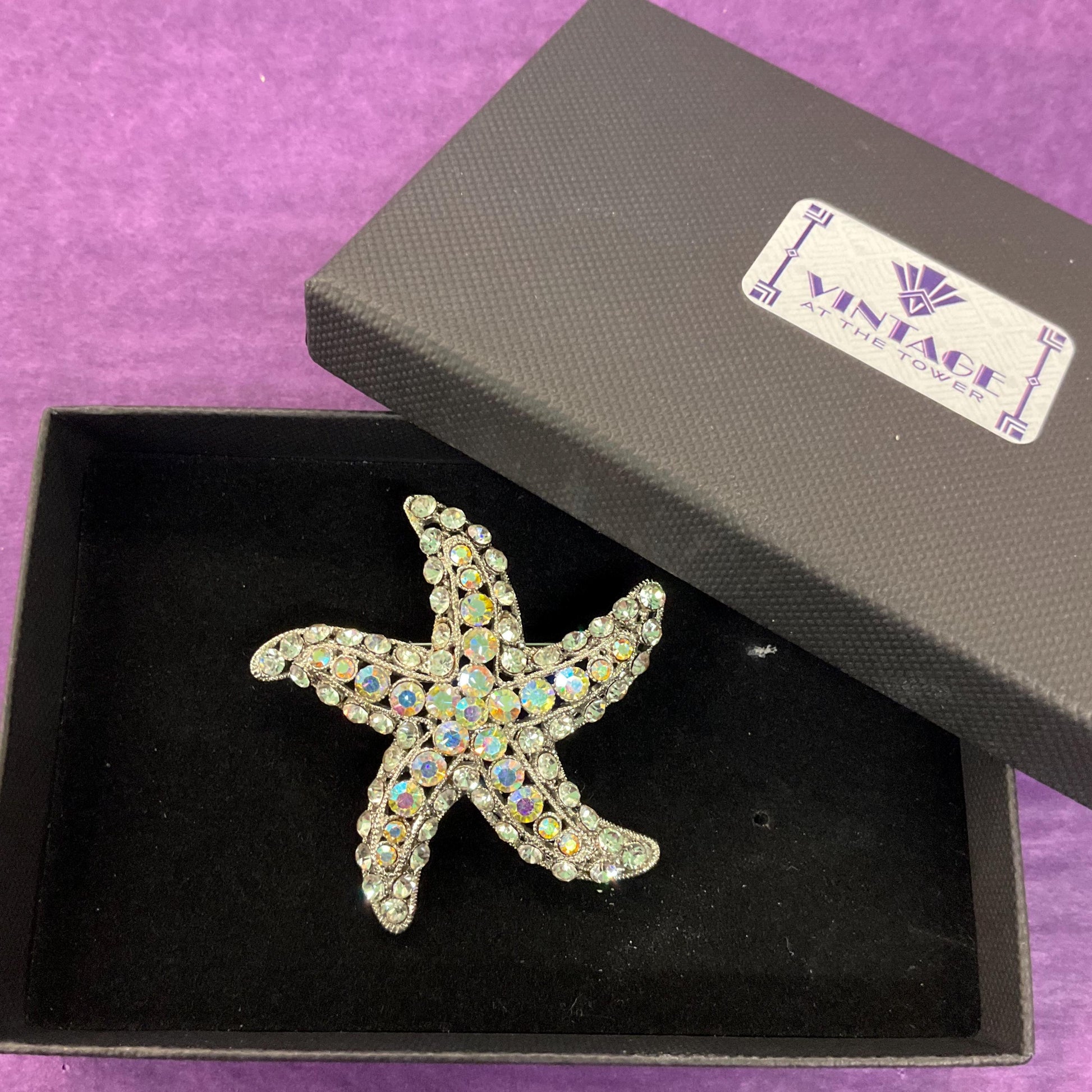Vintage Butler and Wilson Large Crystal Starfish Brooch, Silver tone with silver and Aurora Borealis Rhinestones, Sustainable Gift