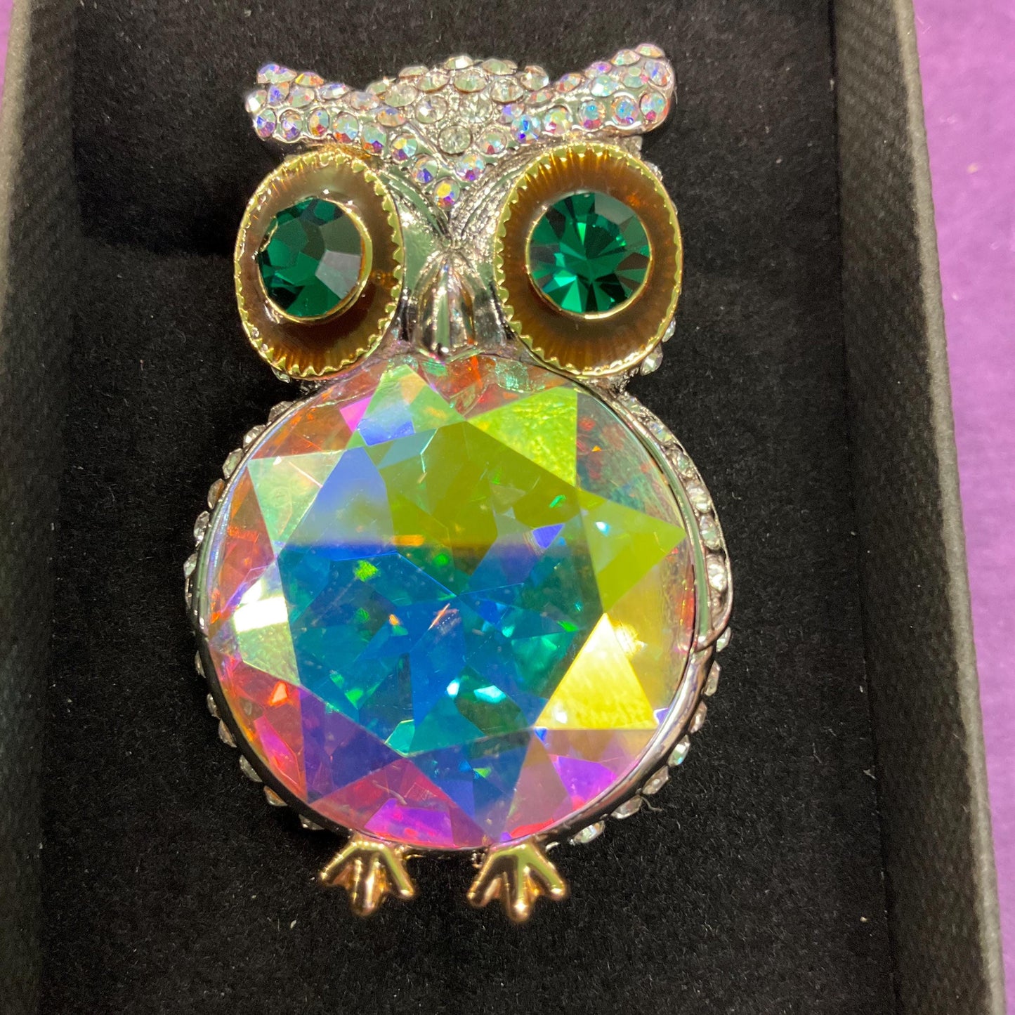 Vintage Butler and Wilson Large Crystal Owl Brooch, Silver To e with Green and Borealis Crystals and Rhinestones, Sustainable Gift