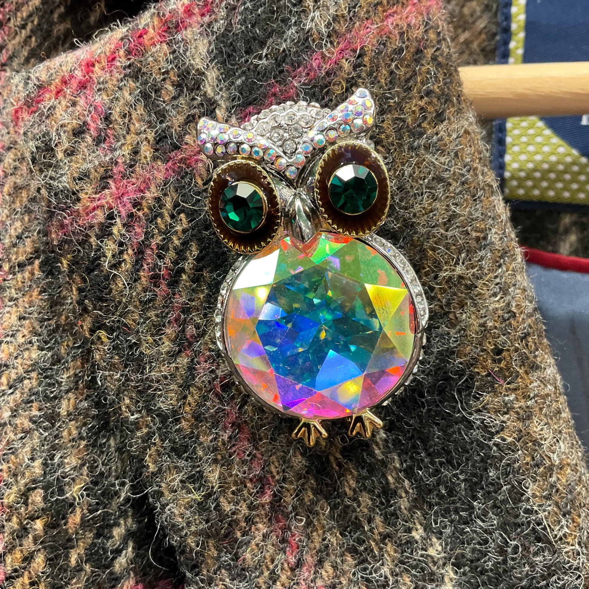 Vintage Butler and Wilson Large Crystal Owl Brooch, Silver To e with Green and Borealis Crystals and Rhinestones, Sustainable Gift