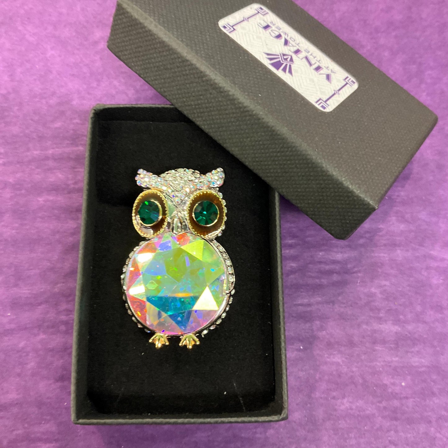 Vintage Butler and Wilson Large Crystal Owl Brooch, Silver To e with Green and Borealis Crystals and Rhinestones, Sustainable Gift