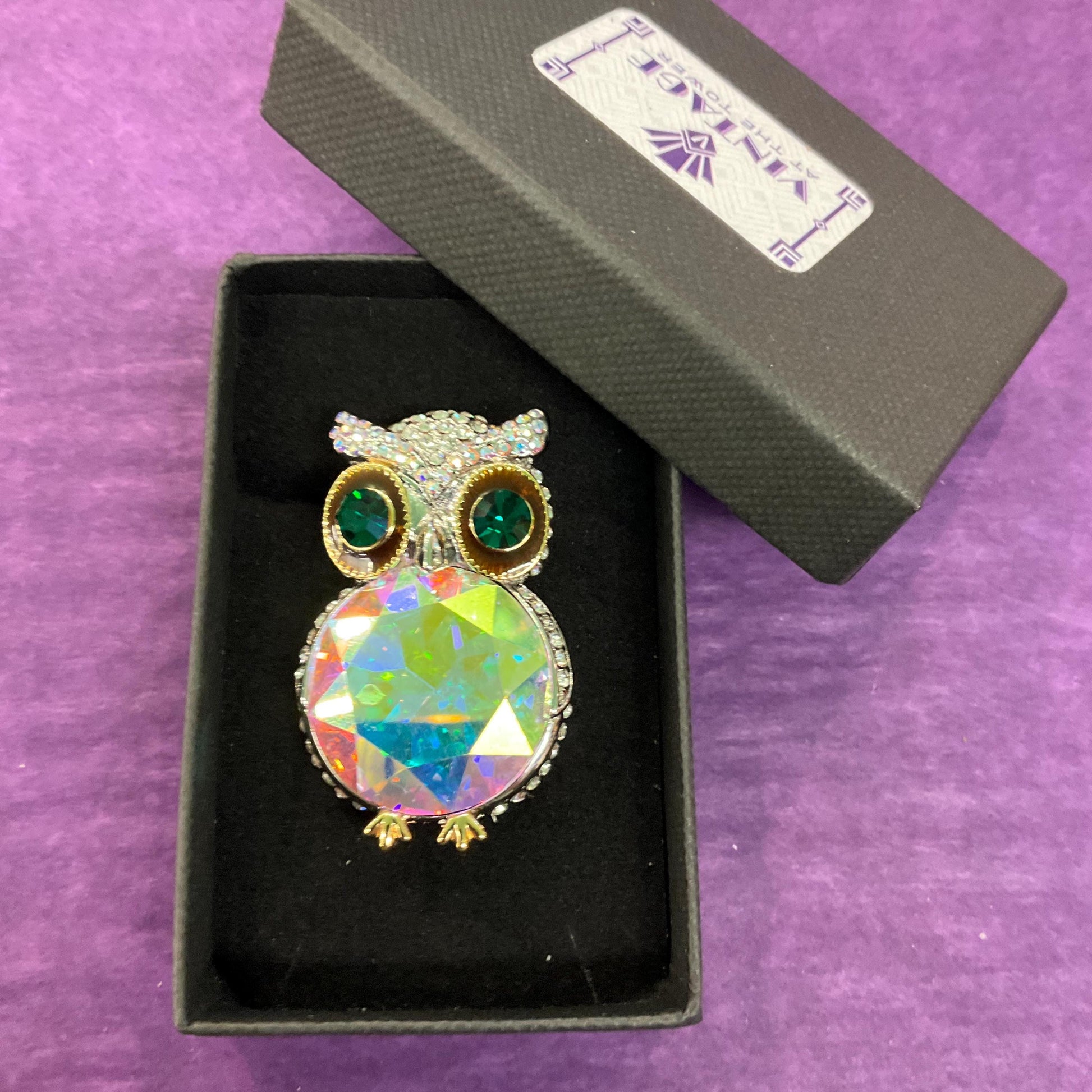 Vintage Butler and Wilson Large Crystal Owl Brooch, Silver To e with Green and Borealis Crystals and Rhinestones, Sustainable Gift