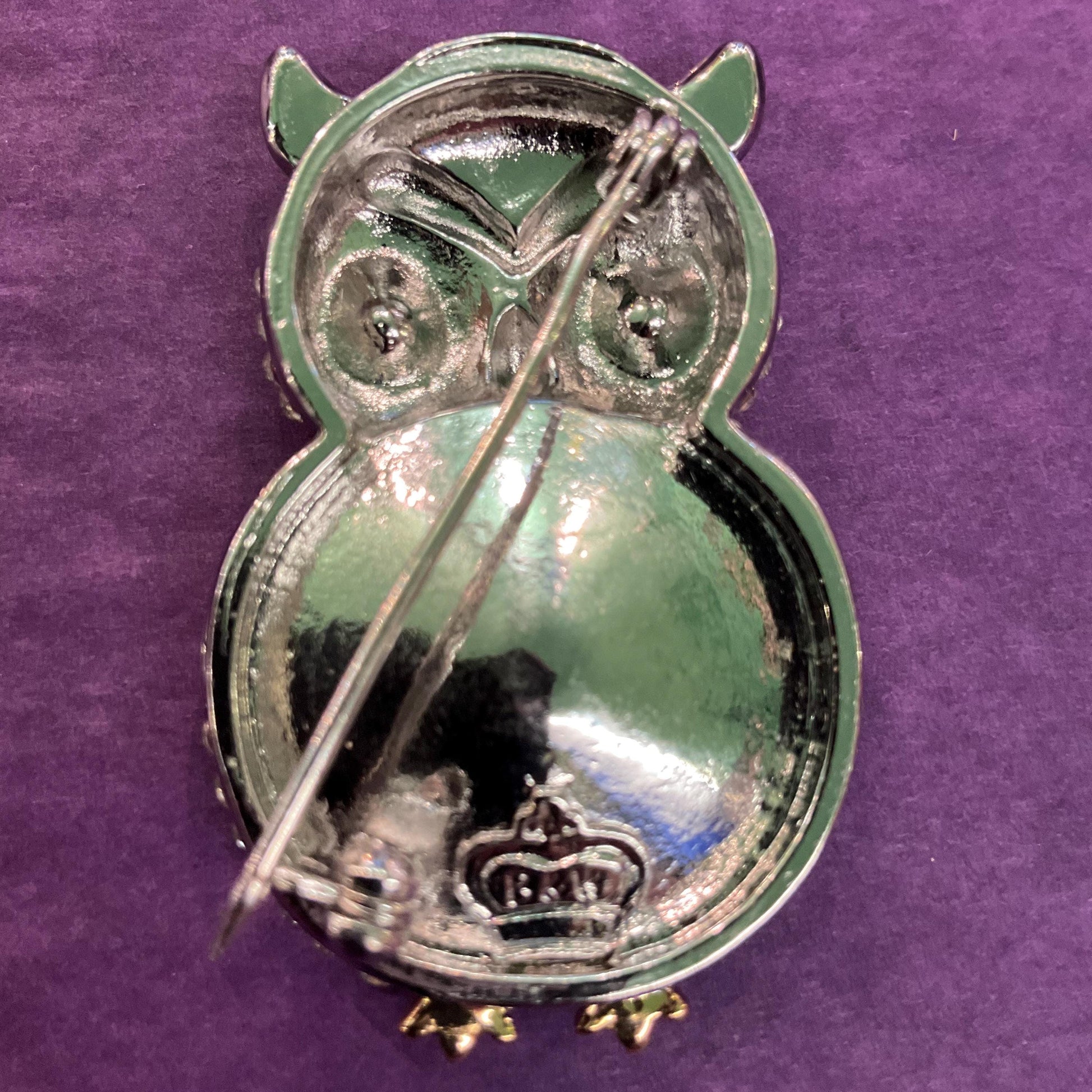 Vintage Butler and Wilson Large Crystal Owl Brooch, Silver To e with Green and Borealis Crystals and Rhinestones, Sustainable Gift