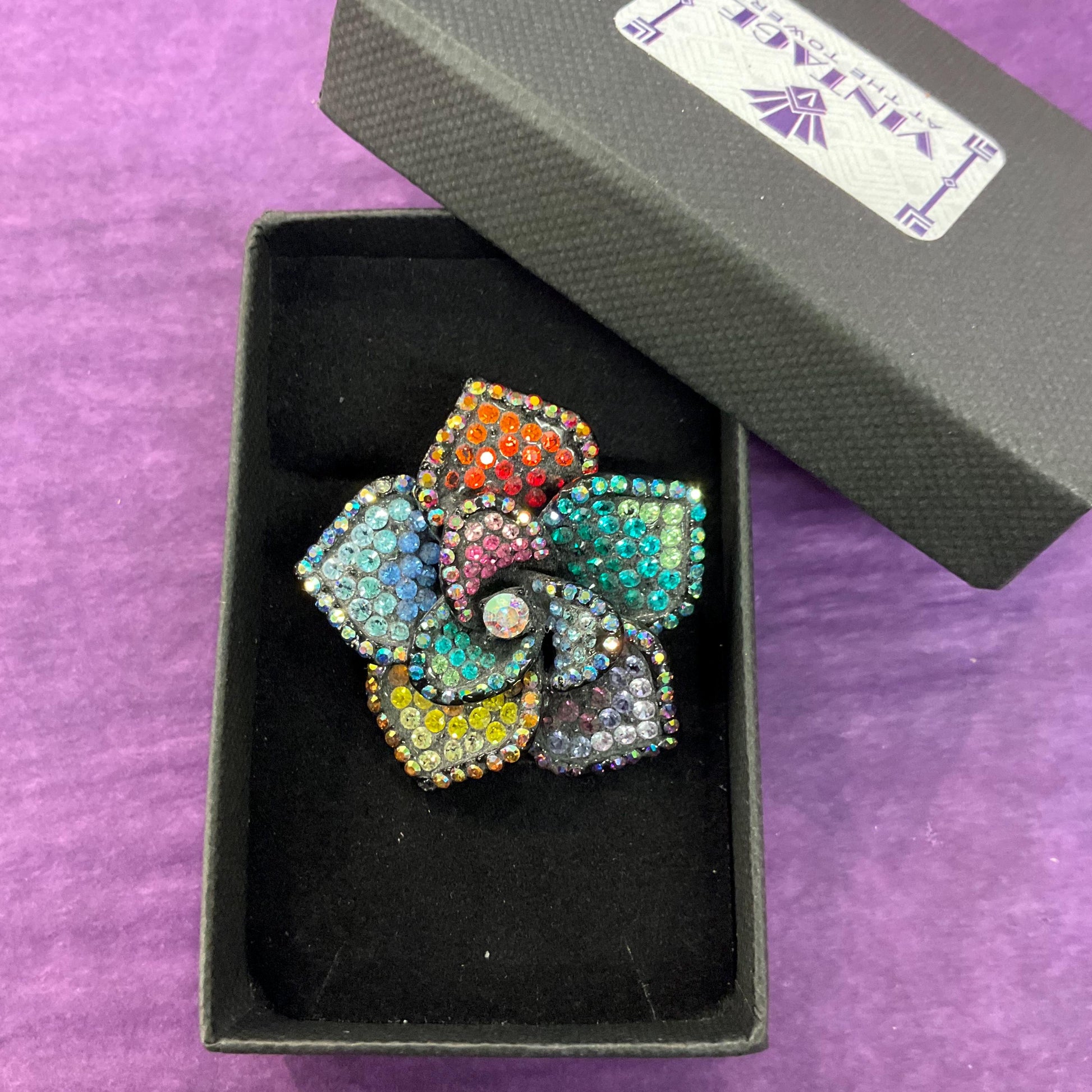 Vintage Butler and Wilson Rainbow Crystal Flower Brooch, Pewter Tone with ombré Borealis rhinestones, Sustainable gift