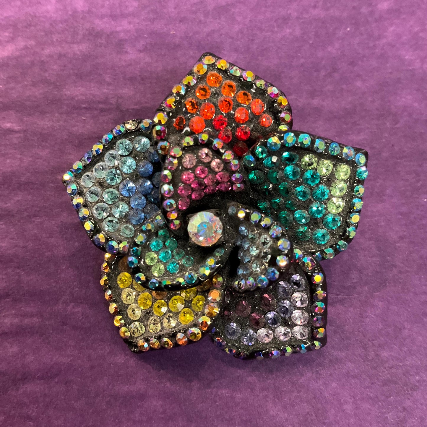 Vintage Butler and Wilson Rainbow Crystal Flower Brooch, Pewter Tone with ombré Borealis rhinestones, Sustainable gift