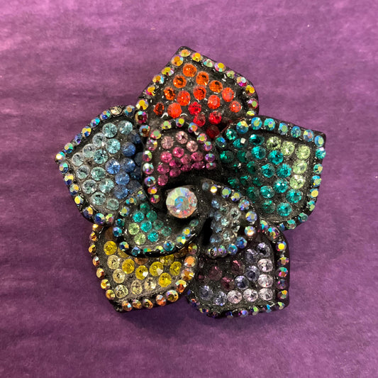Vintage Butler and Wilson Rainbow Crystal Flower Brooch, Pewter Tone with ombré Borealis rhinestones, Sustainable gift