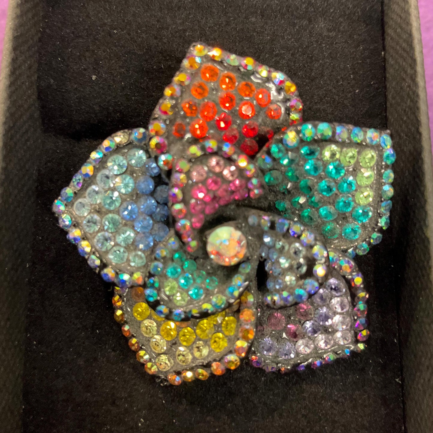 Vintage Butler and Wilson Rainbow Crystal Flower Brooch, Pewter Tone with ombré Borealis rhinestones, Sustainable gift