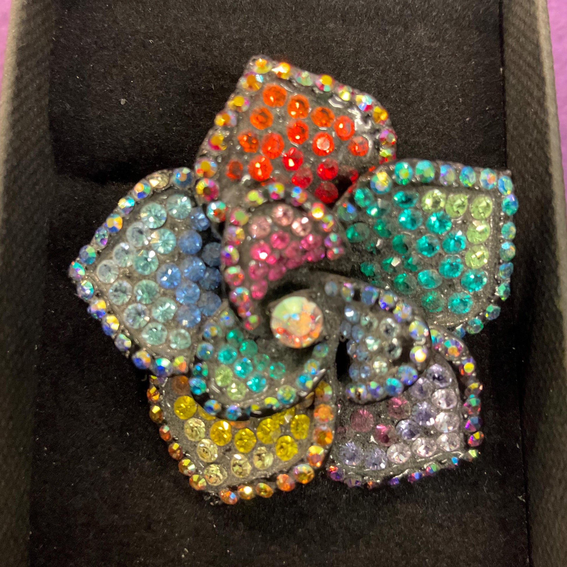 Vintage Butler and Wilson Rainbow Crystal Flower Brooch, Pewter Tone with ombré Borealis rhinestones, Sustainable gift