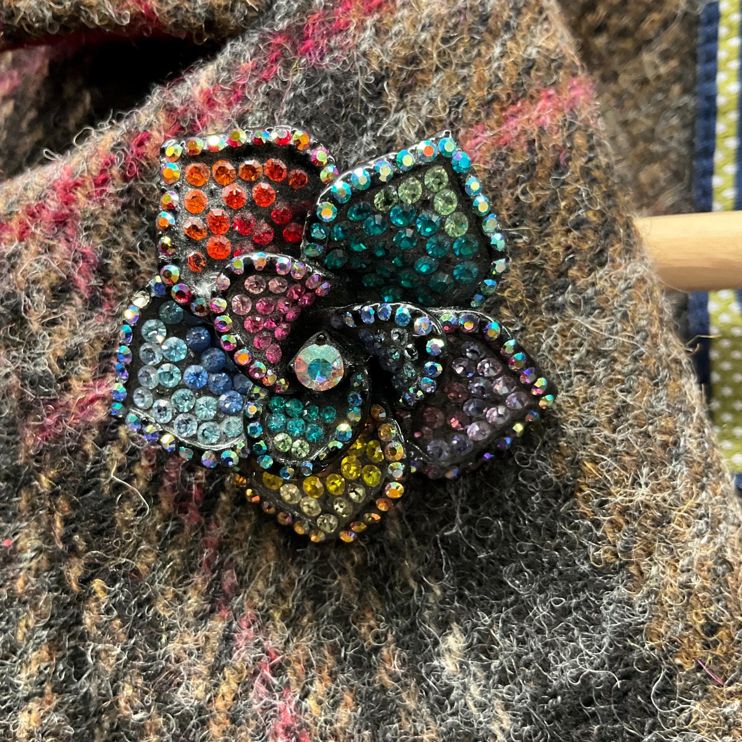 Vintage Butler and Wilson Rainbow Crystal Flower Brooch, Pewter Tone with ombré Borealis rhinestones, Sustainable gift