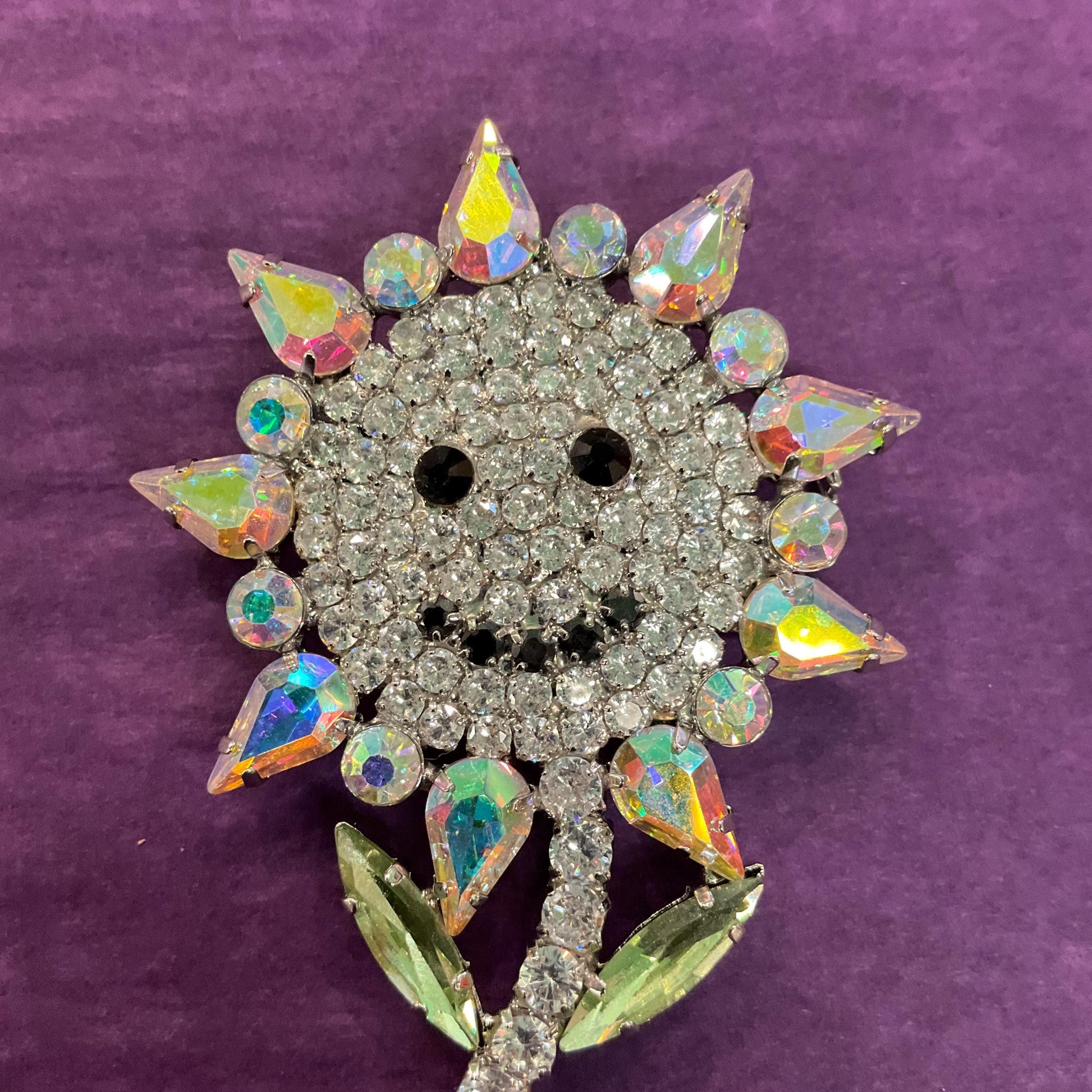 Vintage Butler and Wilson Large Crystal Smiley Sunflower Brooch, Silver tone with silver , Aurora Borealis and Black Rhinestones