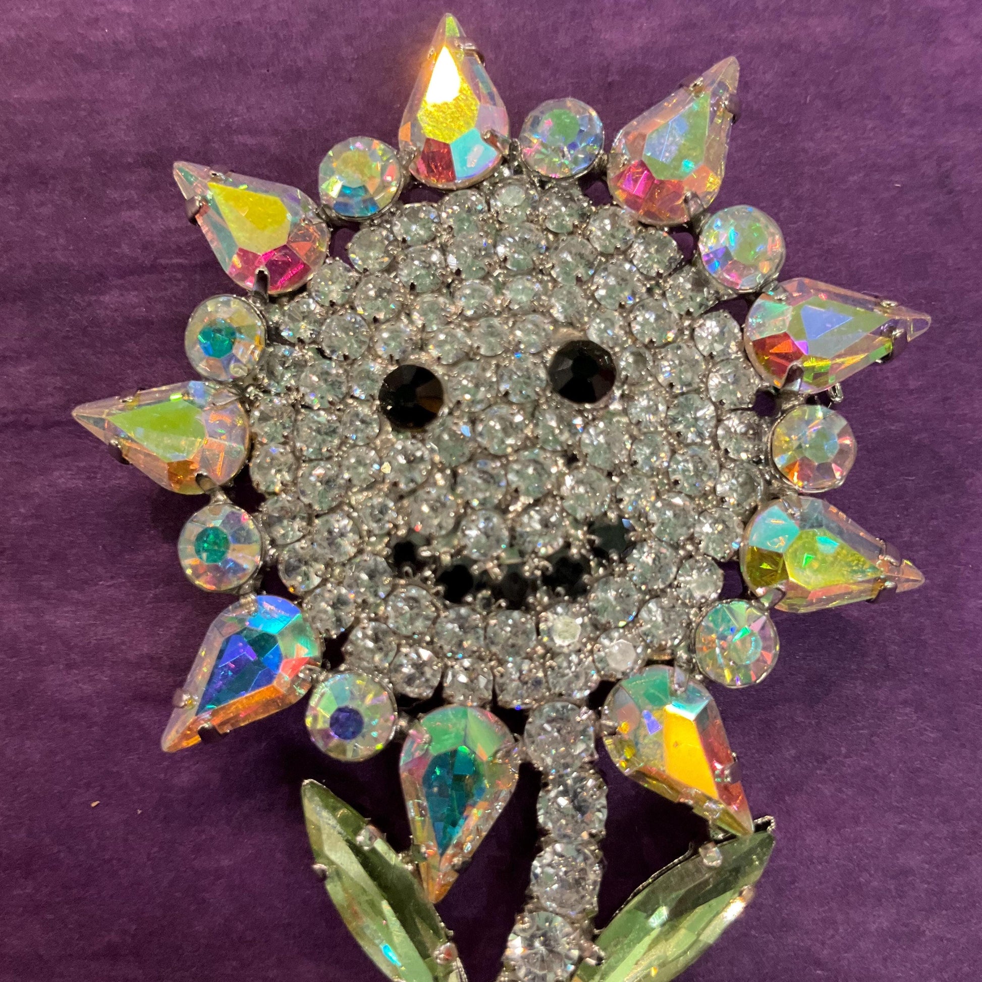 Vintage Butler and Wilson Large Crystal Smiley Sunflower Brooch, Silver tone with silver , Aurora Borealis and Black Rhinestones