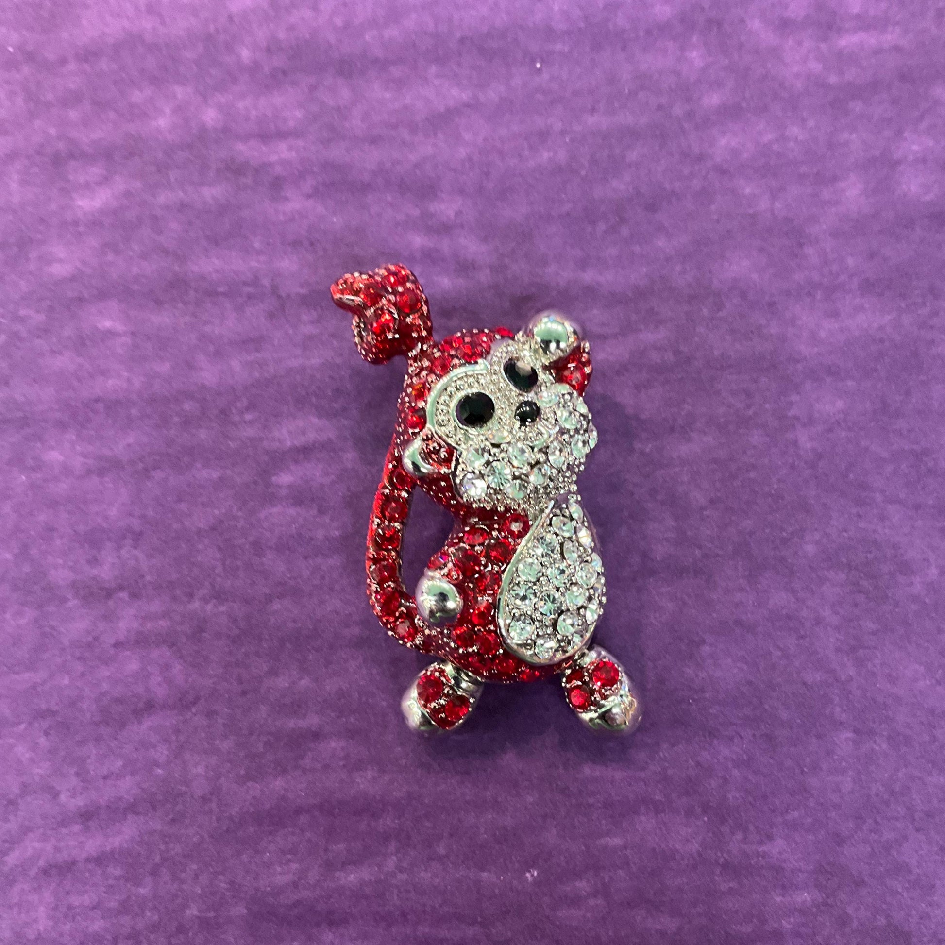 Vintage Butler and Wilson Crystal Monkey Brooch, Silver tone with red, silver and black rhinestones, Sustainable Gift
