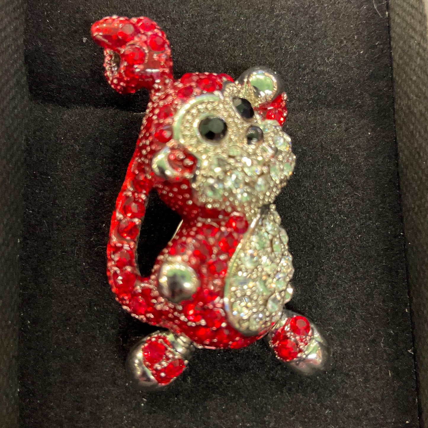 Vintage Butler and Wilson Crystal Monkey Brooch, Silver tone with red, silver and black rhinestones, Sustainable Gift