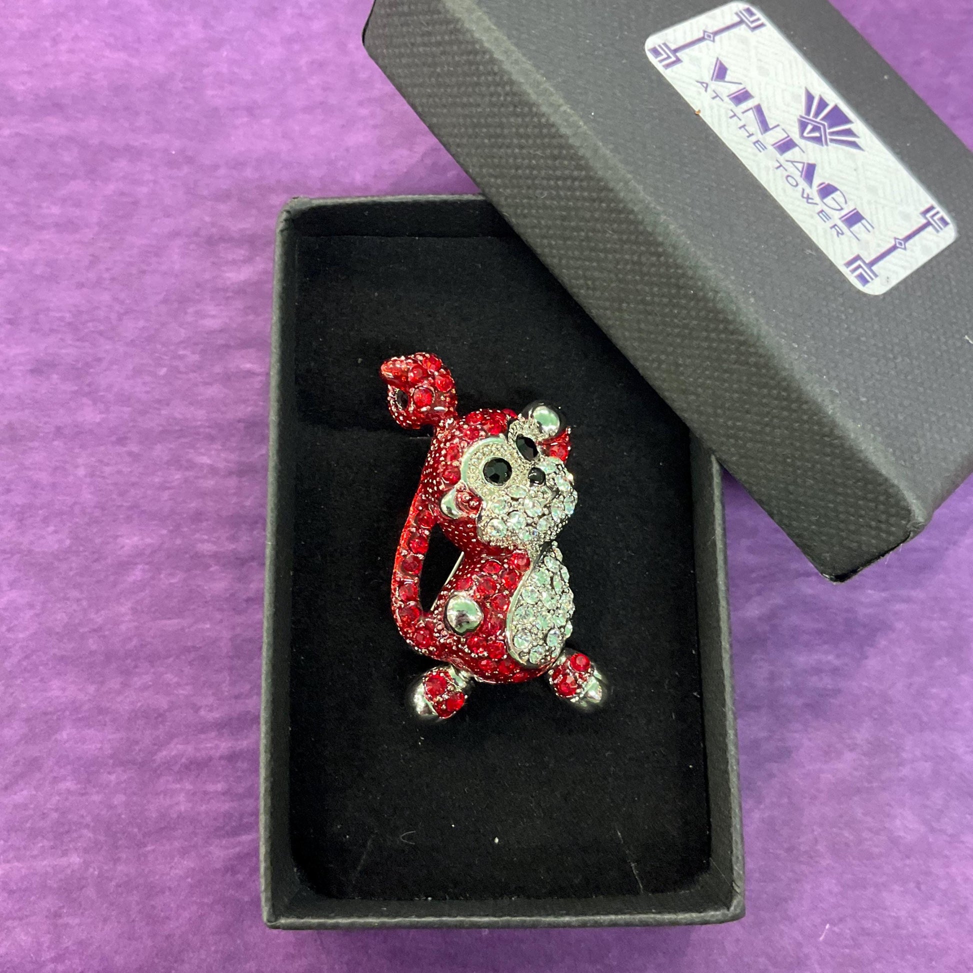 Vintage Butler and Wilson Crystal Monkey Brooch, Silver tone with red, silver and black rhinestones, Sustainable Gift