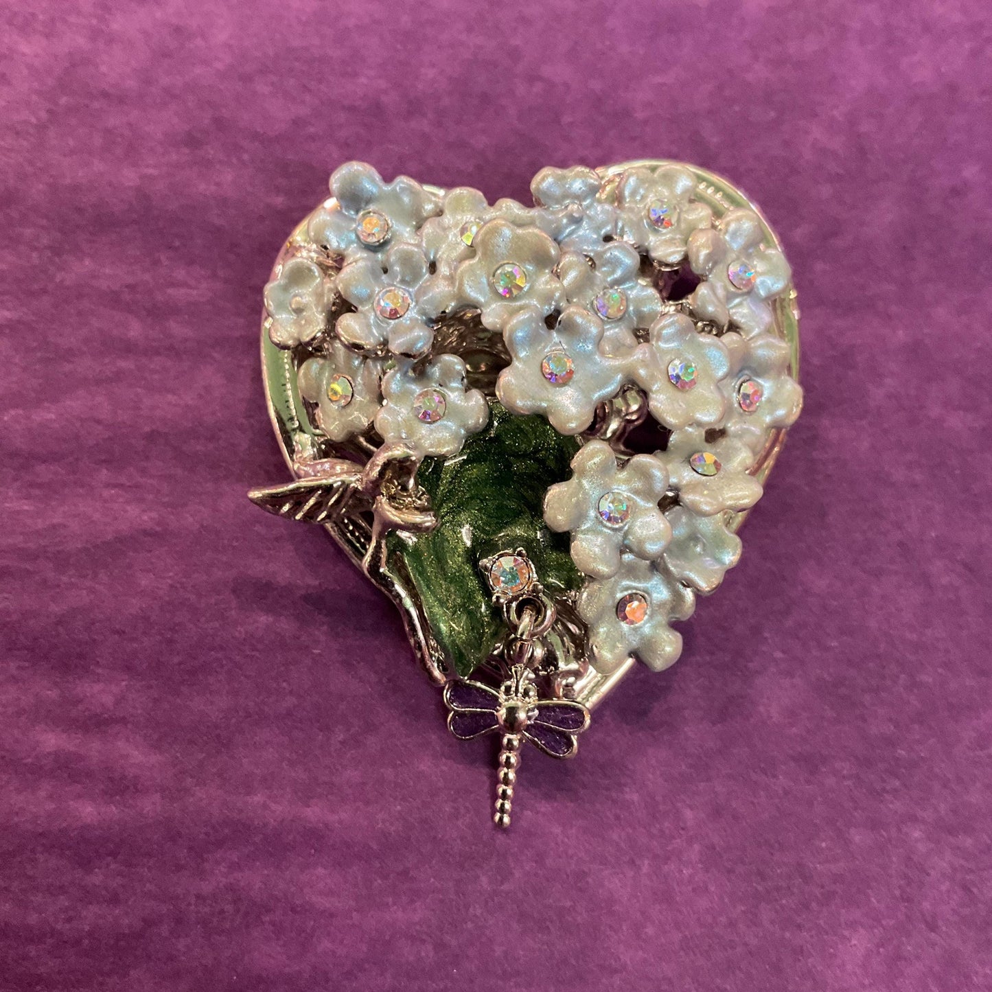 Vintage Kirk’s Folly Forget me not and dragonfly heart shaped Enamel and Crystal Brooch, Sustainable gift