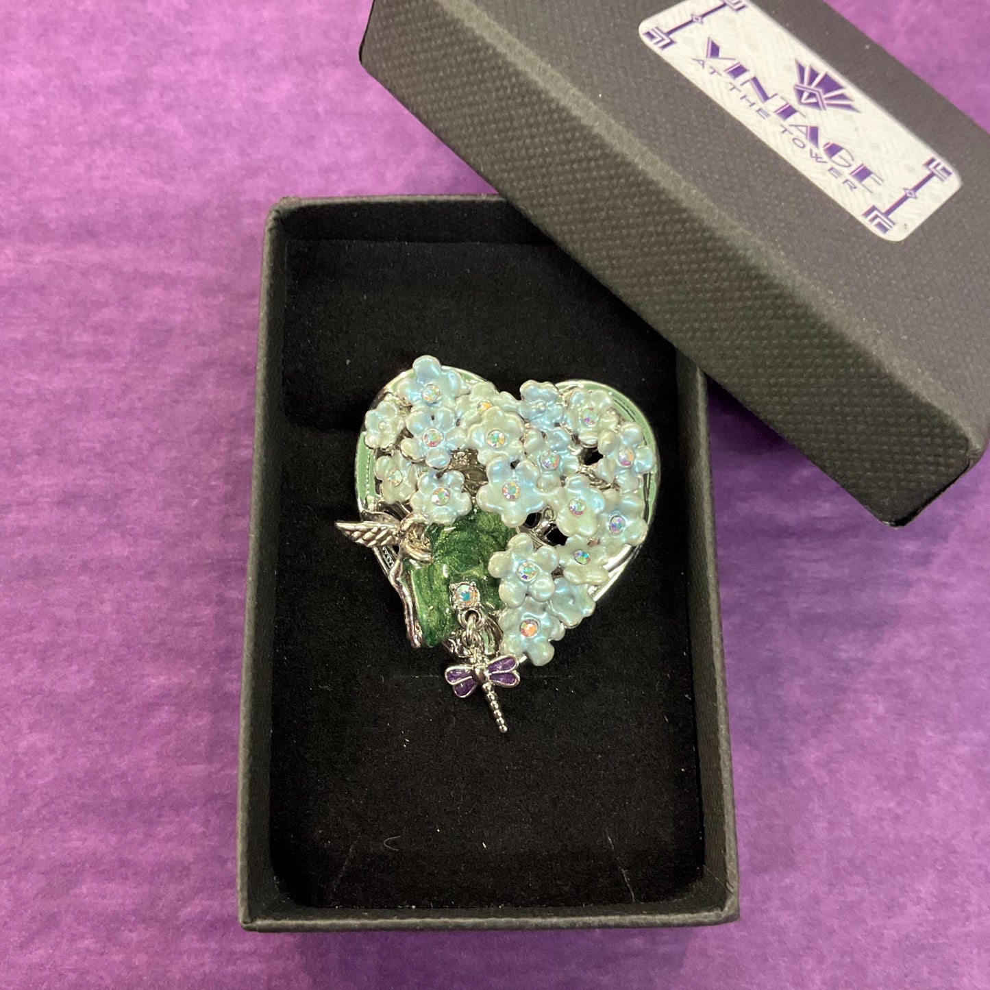 Vintage Kirk’s Folly Forget me not and dragonfly heart shaped Enamel and Crystal Brooch, Sustainable gift